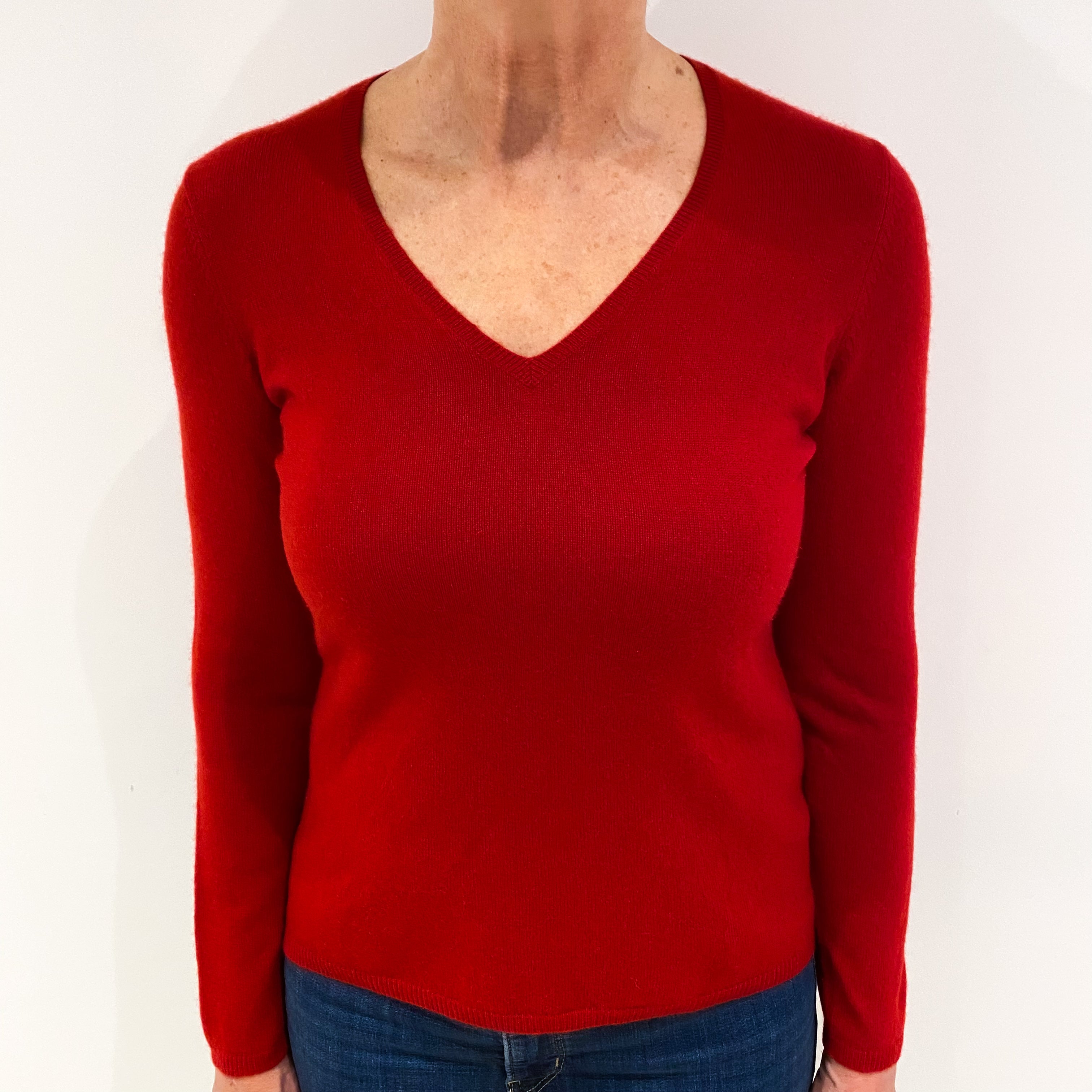 Scarlet Red Cashmere V Neck Jumper Medium