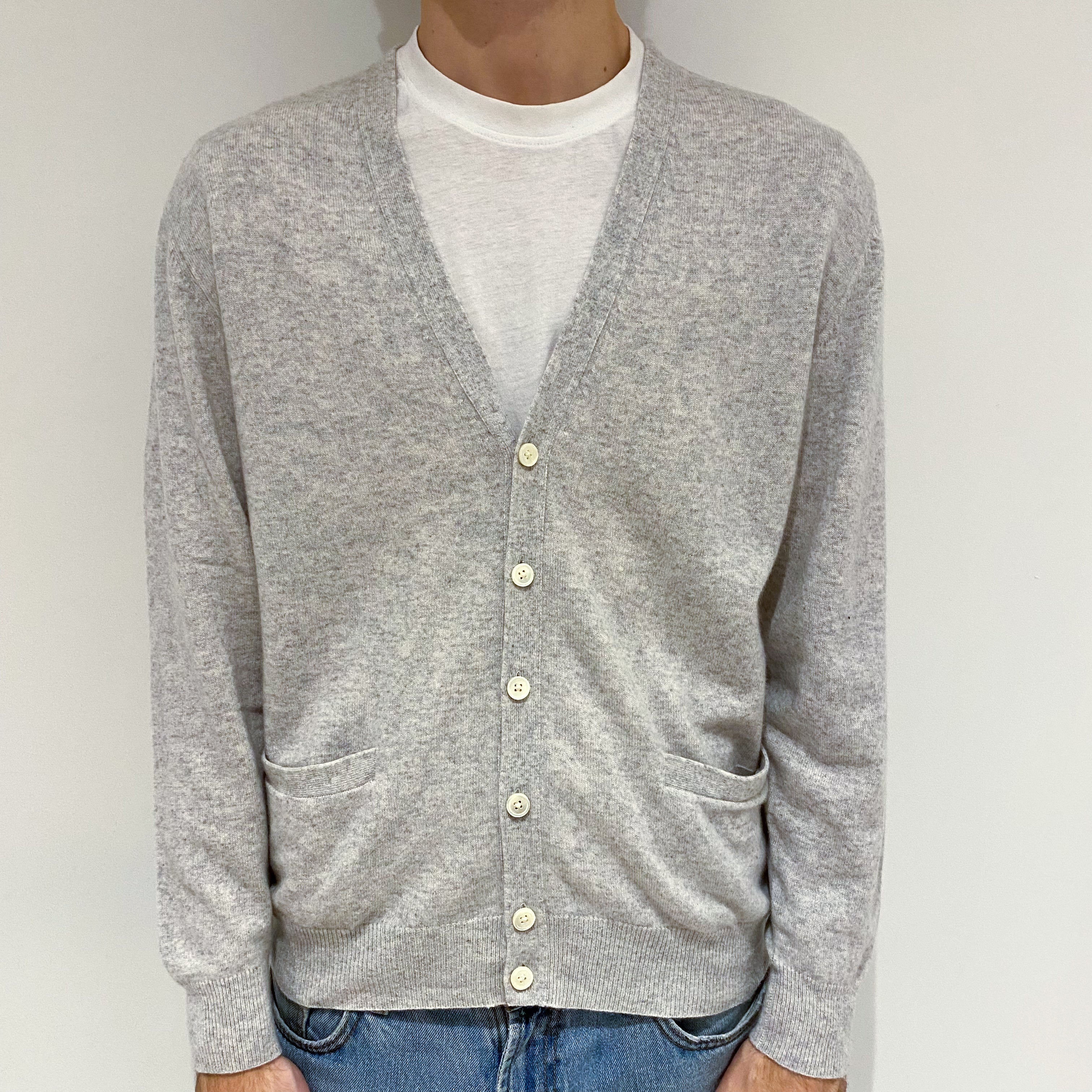 Men's Mist Grey Cashmere V-Neck Cardigan with Pockets Large