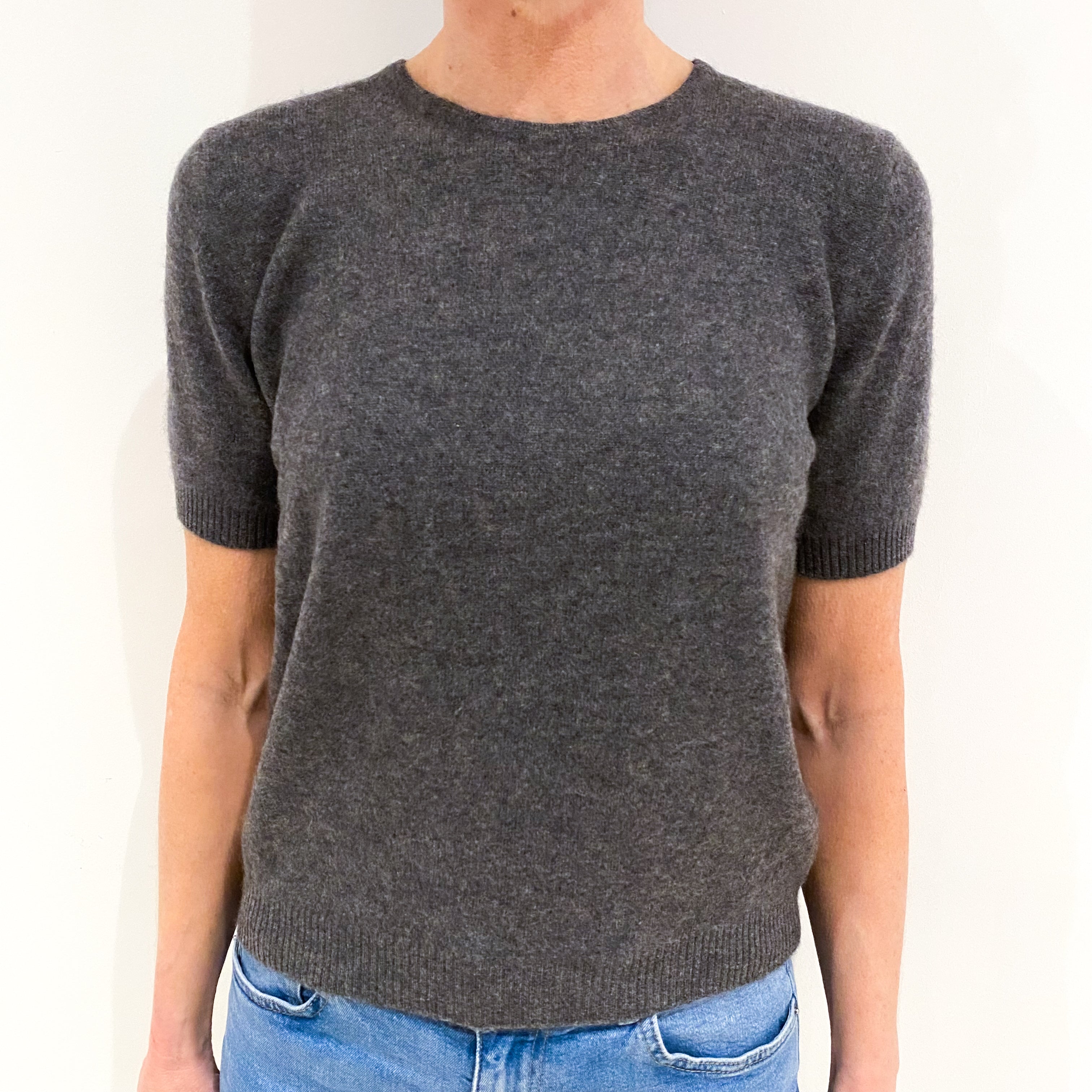 Charcoal Grey Short Sleeved Cashmere Crew Neck Jumper Small