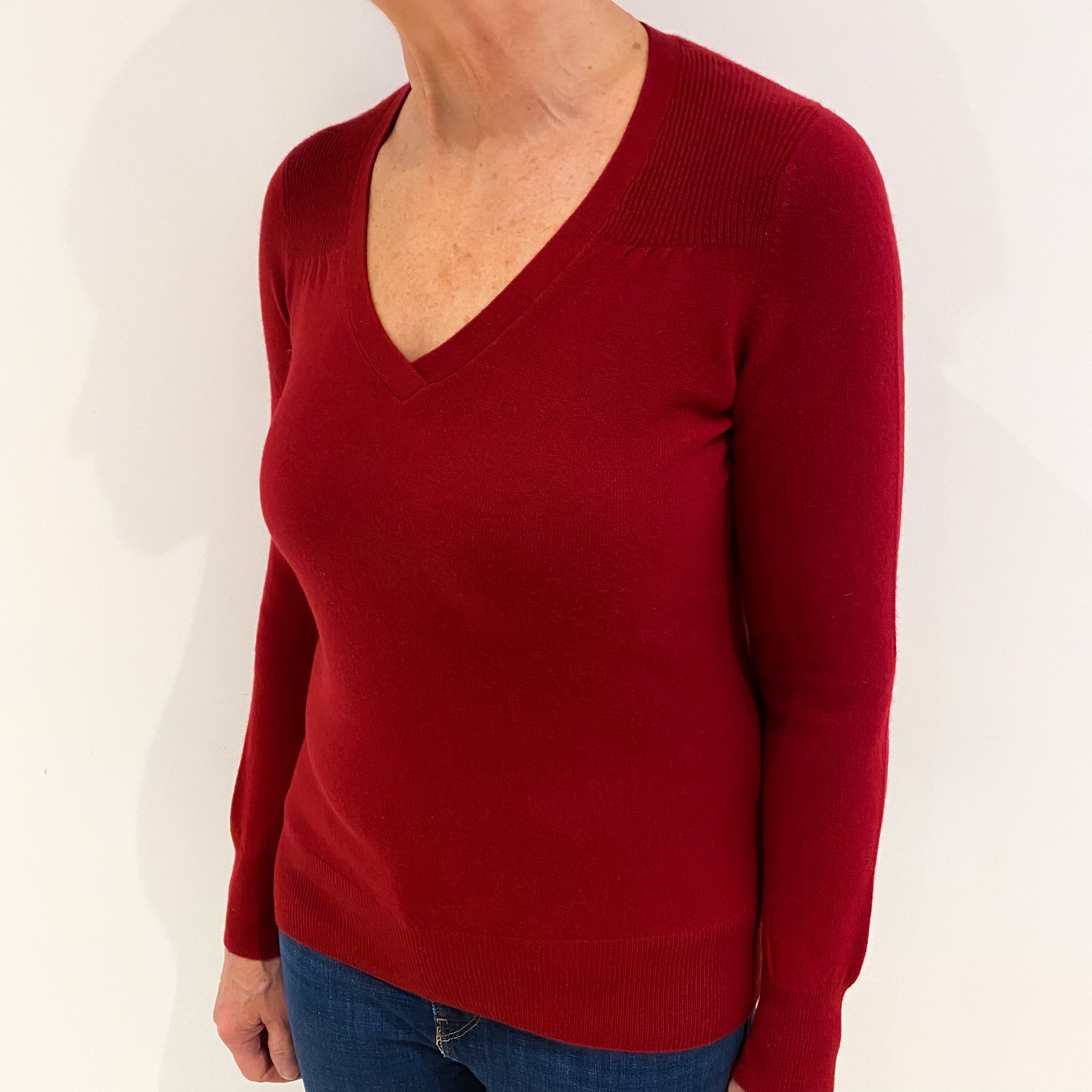 Crimson Red Cashmere V Neck Jumper with Ribbed Yoke Medium