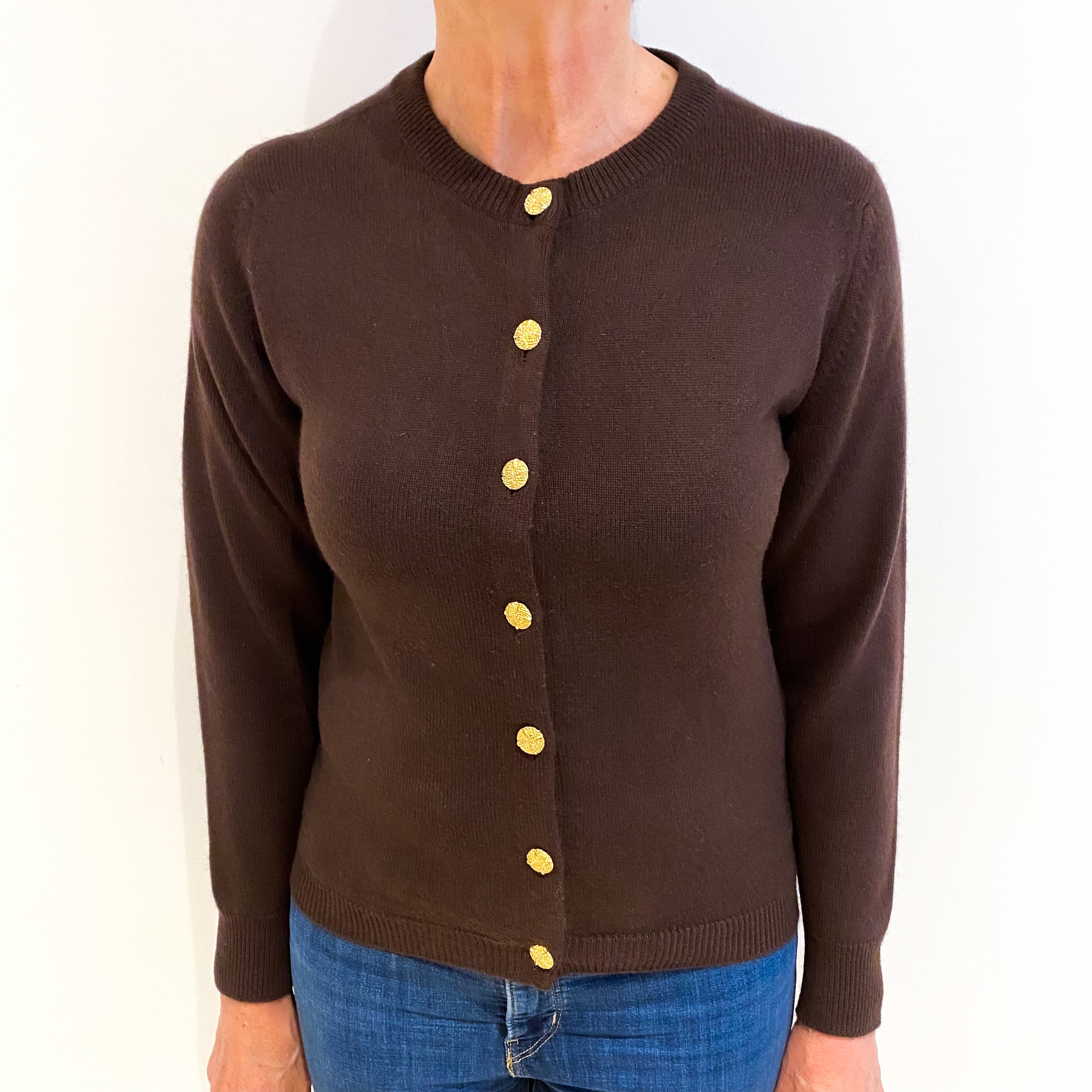 Vintage Scottish Chocolate Brown Cashmere Crew Neck Cardigan Medium