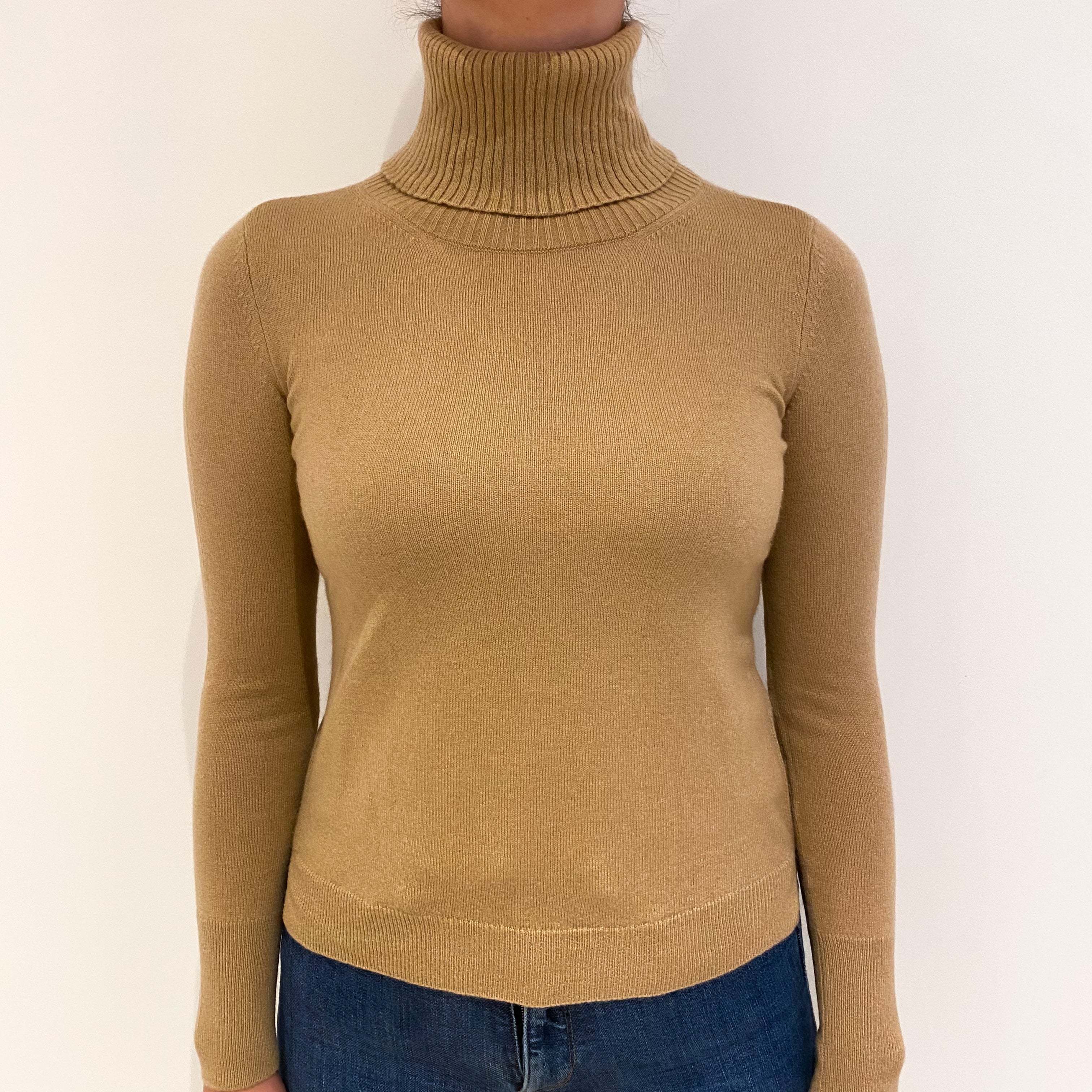 Camel Brown Rib Detail Cashmere Polo Neck Jumper Small