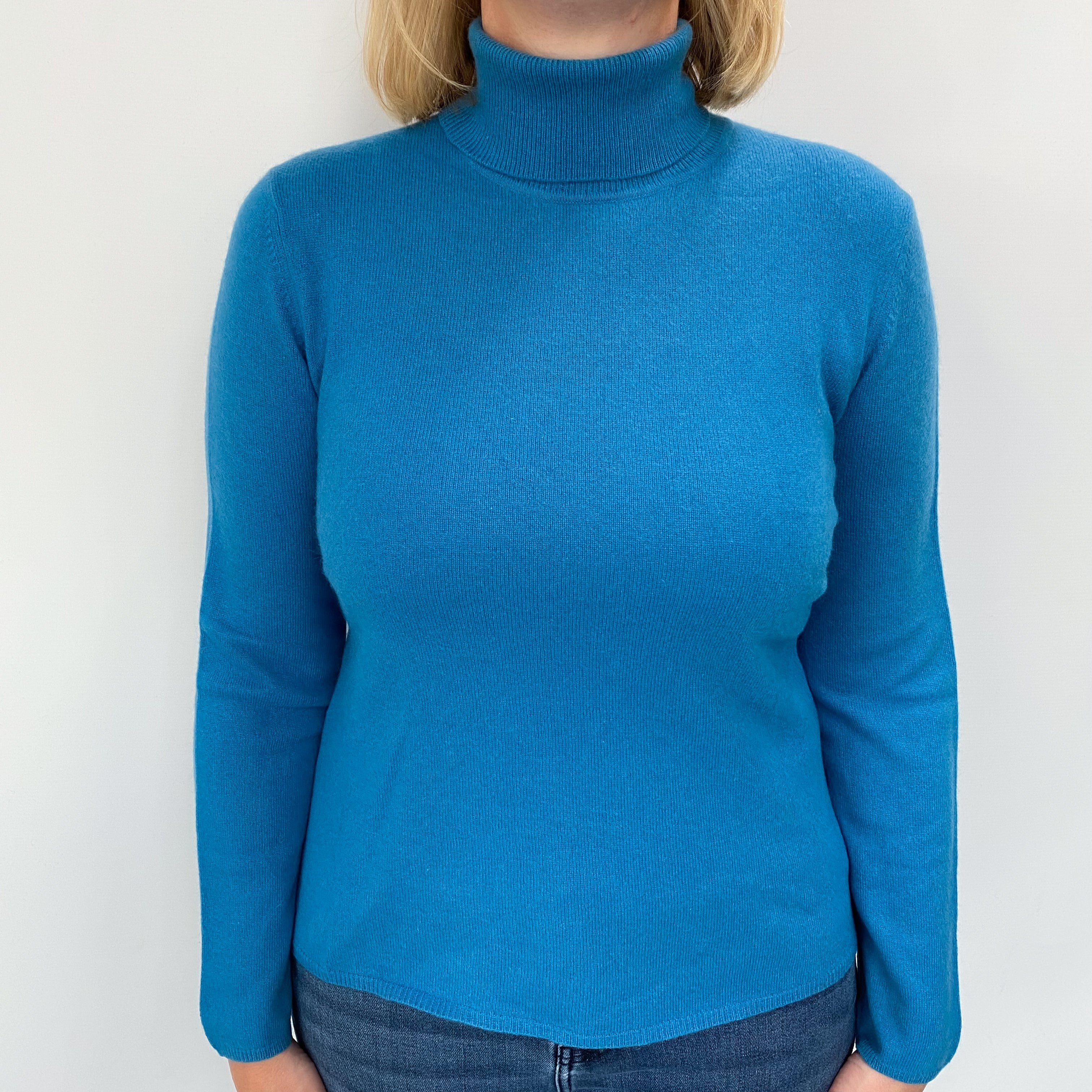 Ocean Blue Cashmere Polo Neck Jumper Large