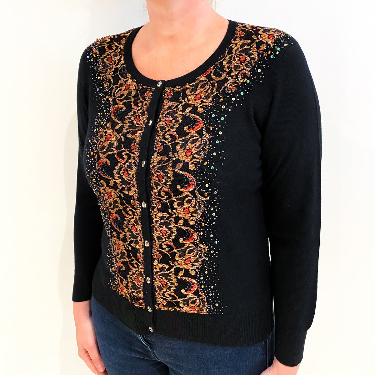Black And Gold Patterned Cashmere Crew Neck Cardigan Large