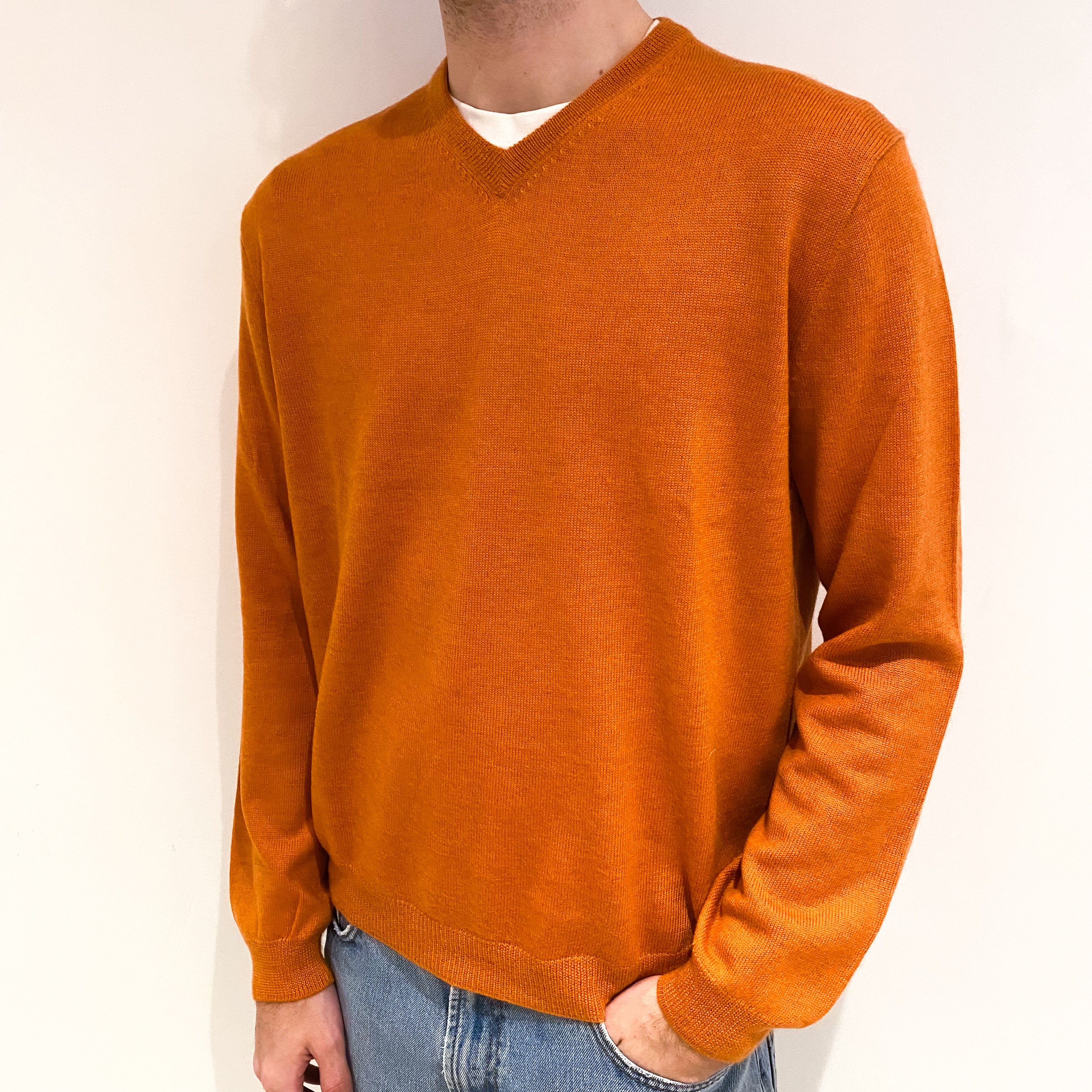 Men's Pumpkin Orange Cashmere V Neck Jumper Medium