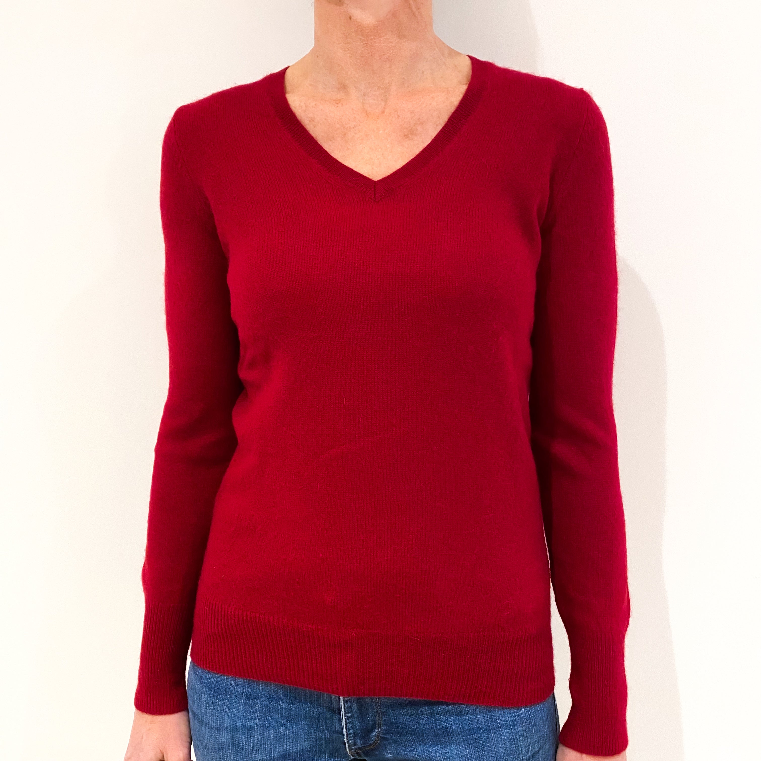 Crimson Red Cashmere V-Neck Jumper Small