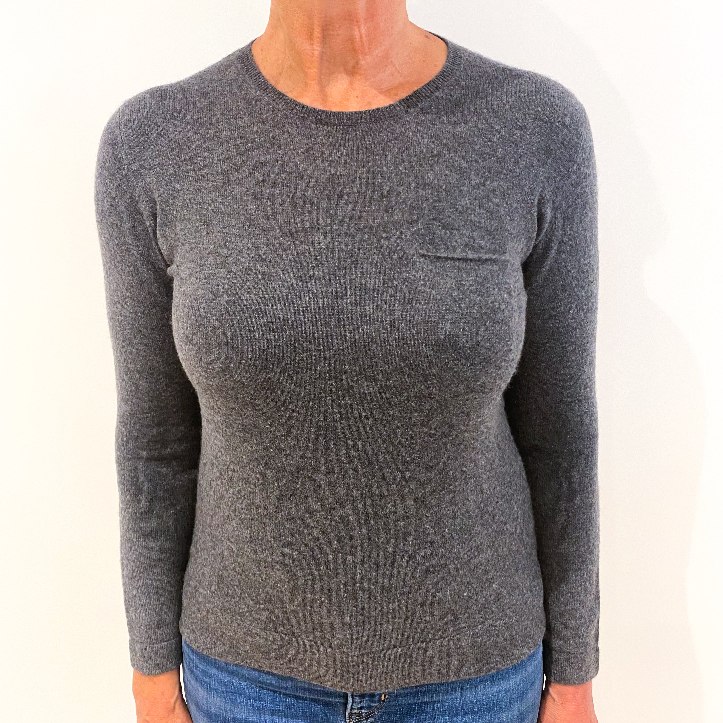 Slate Grey Cashmere Crew Neck Jumper with Pocket Medium