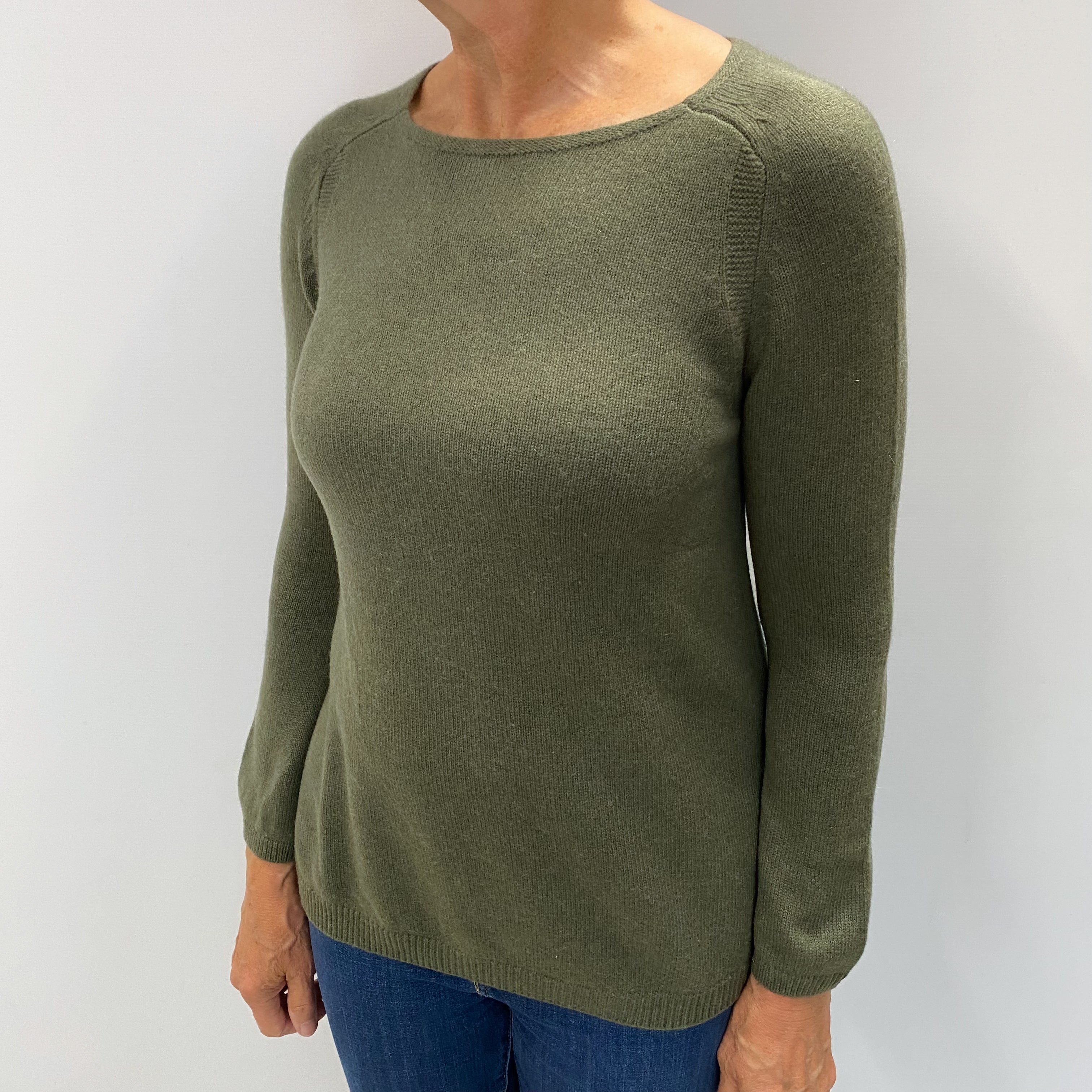 Army Green Cashmere Crew Neck Jumper Medium