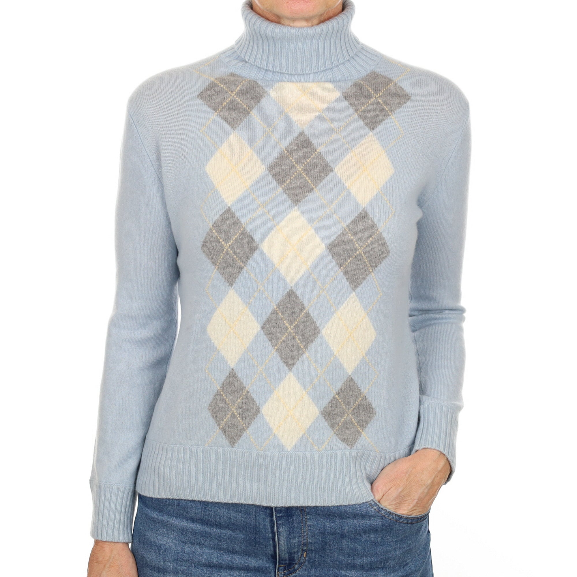 Pale Blue Argyle Cashmere Polo Neck Jumper Small