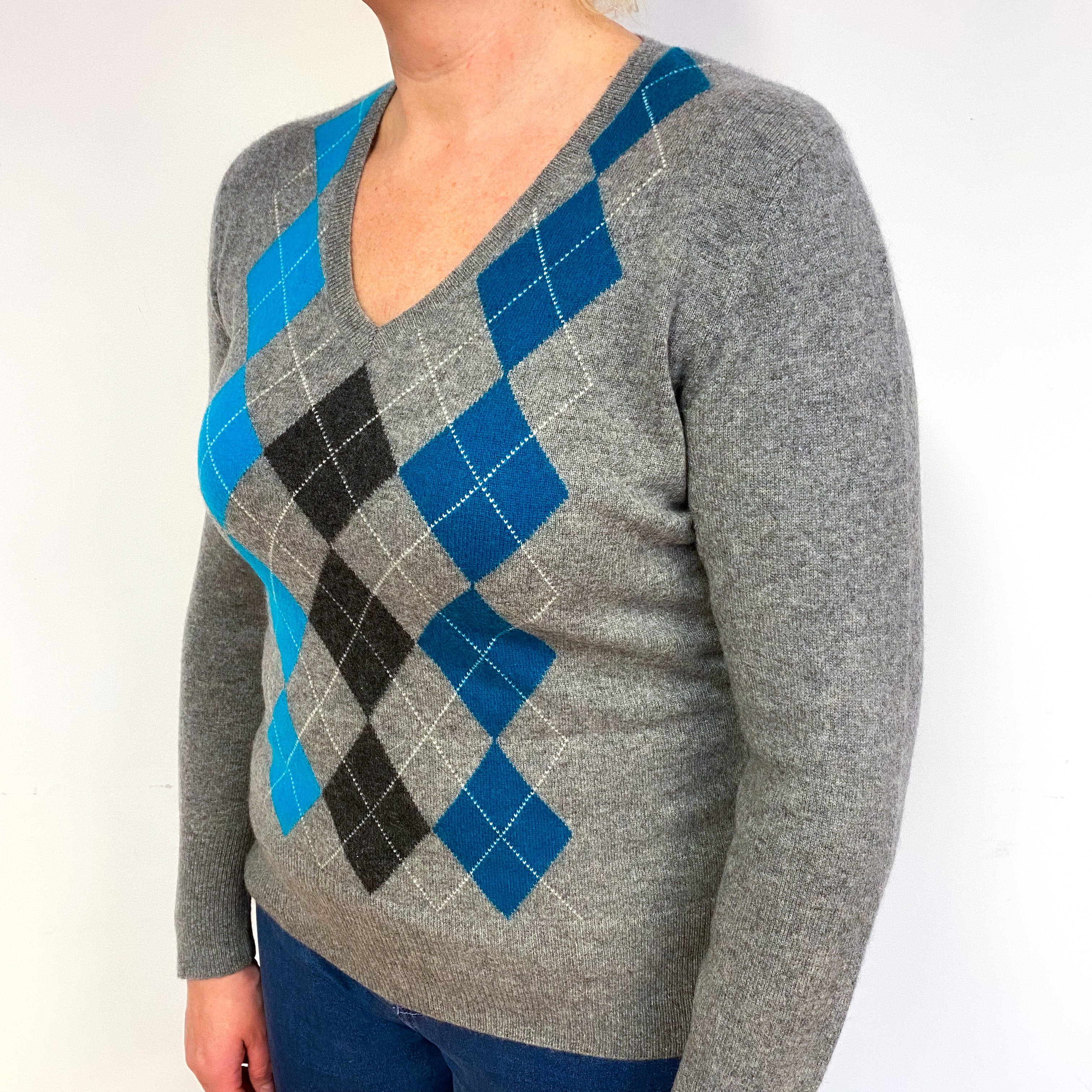 Steel Grey Teal Argyle Cashmere V-Neck Jumper Large