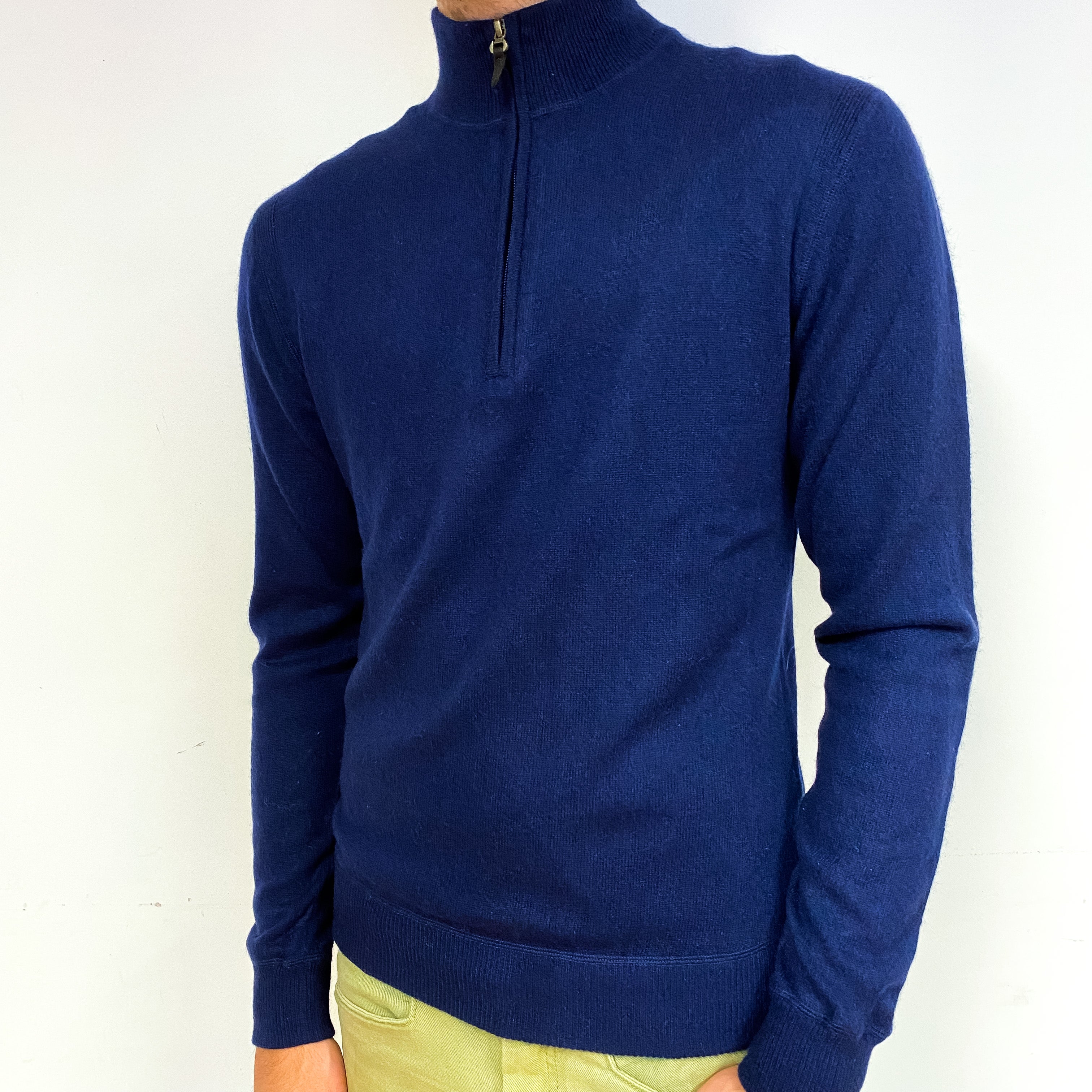 Men's Navy Blue Cashmere 1/4 Zip Jumper Medium