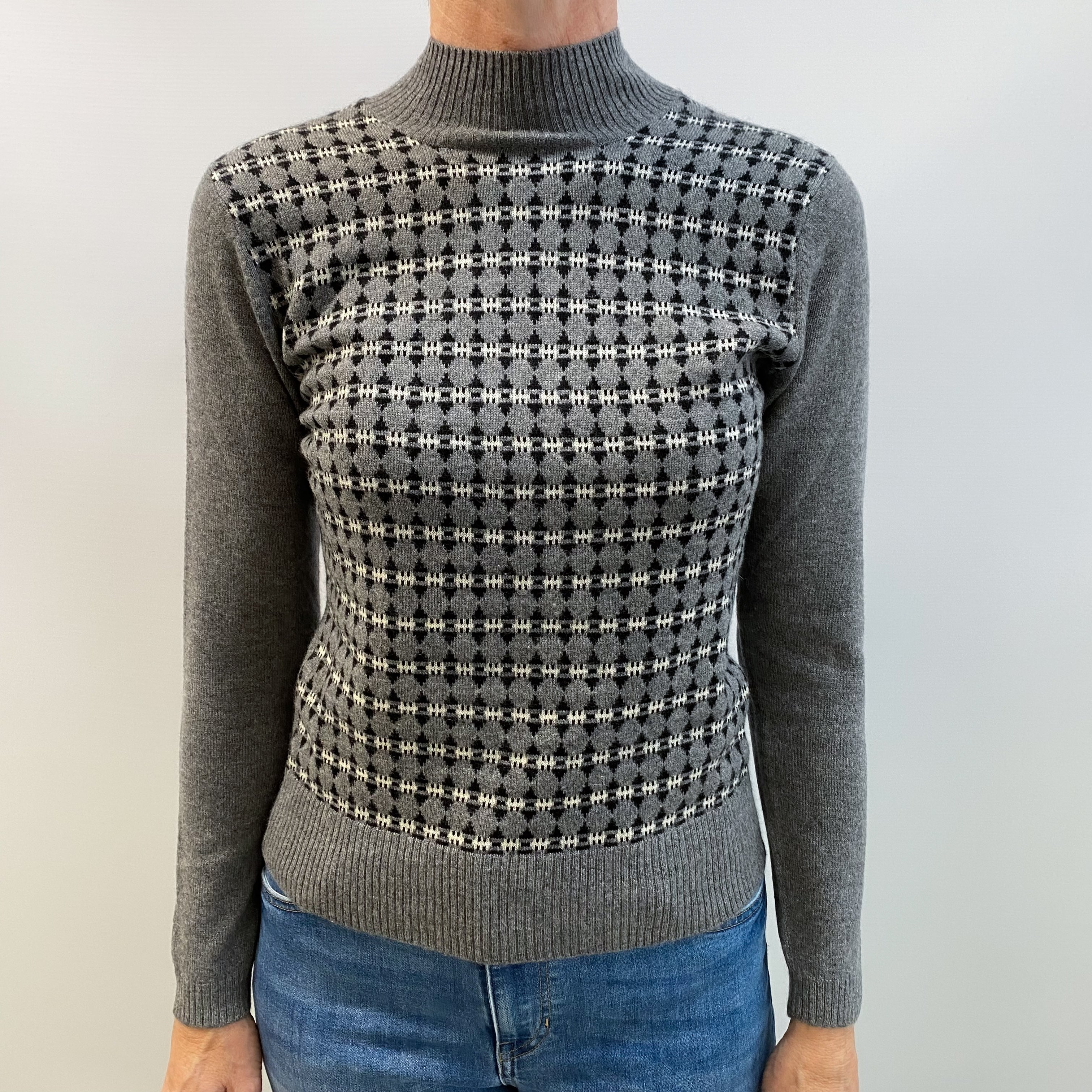 Slate Grey Patterned Cashmere Polo Neck Jumper Small