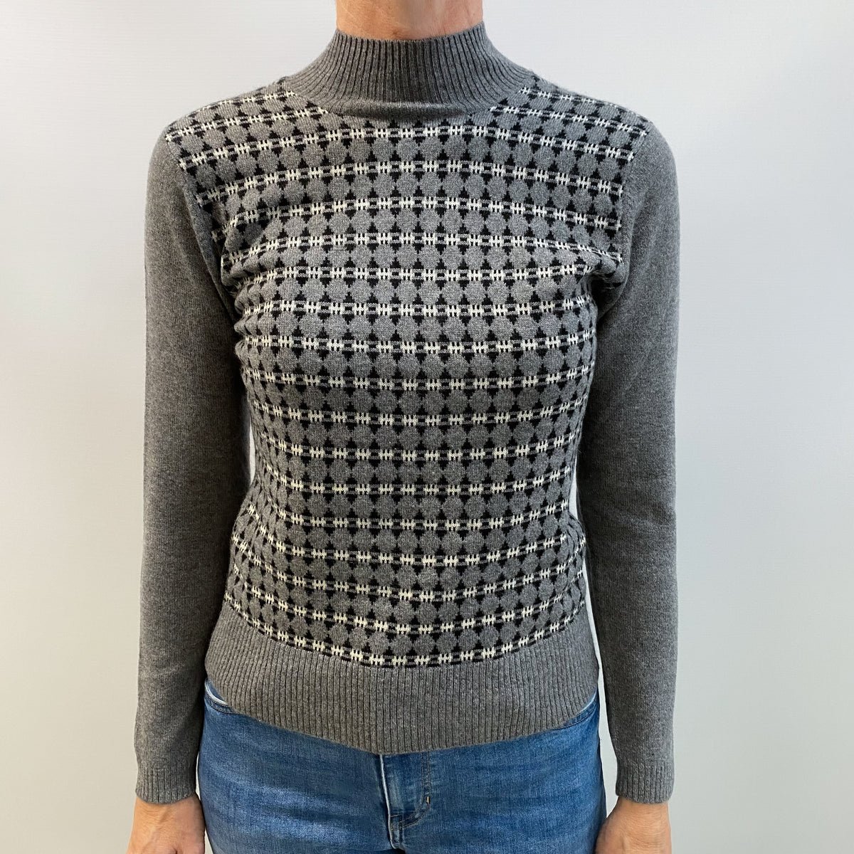 Slate Grey Patterned Cashmere Polo Neck Jumper Small