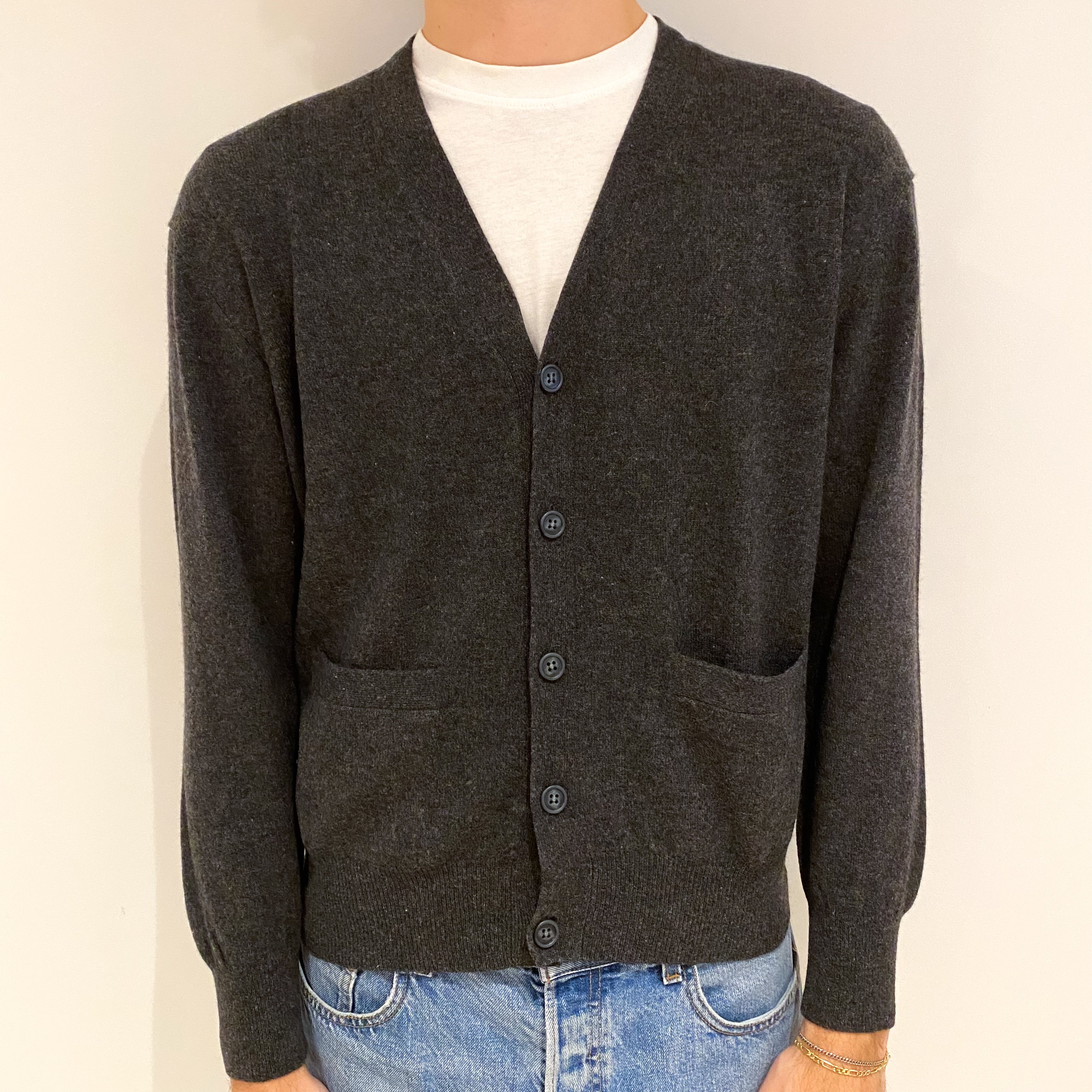 Men's Charcoal Grey Cashmere V Neck Cardigan with Pockets Medium