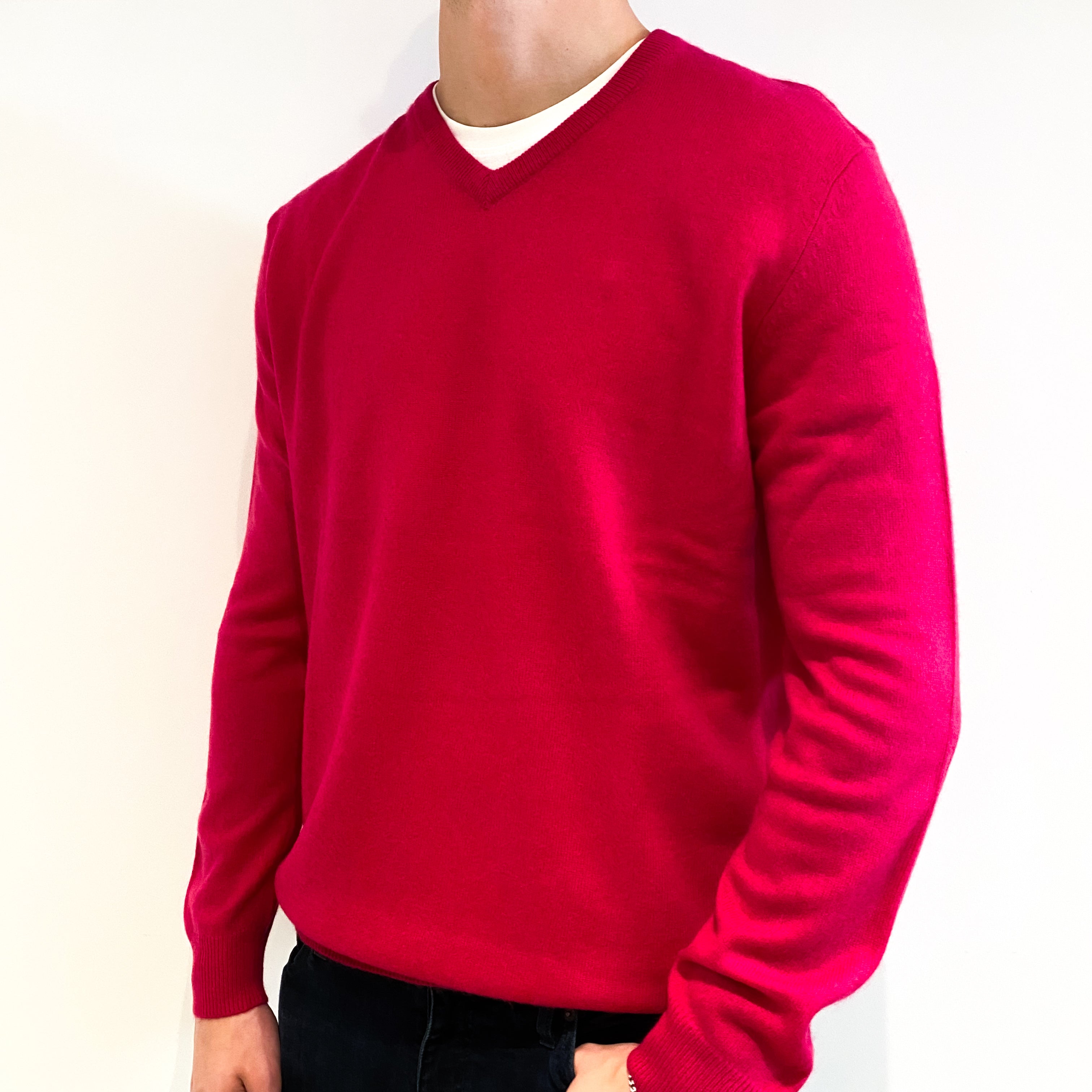 Men's Cherry Pink Cashmere V-Neck Jumper Extra Large