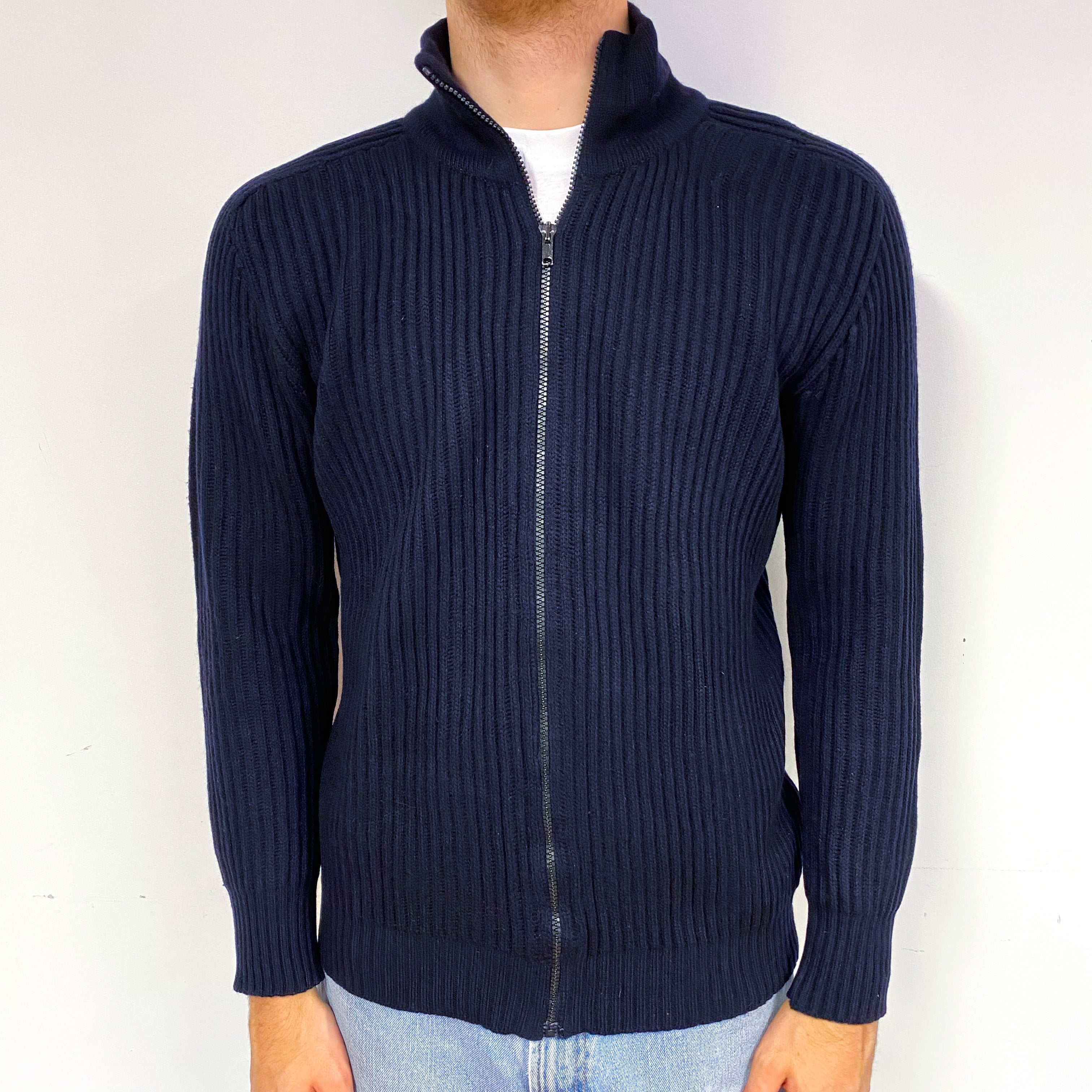 Men's Vintage Navy Blue Chunky Cashmere Zip Up Cardigan Large