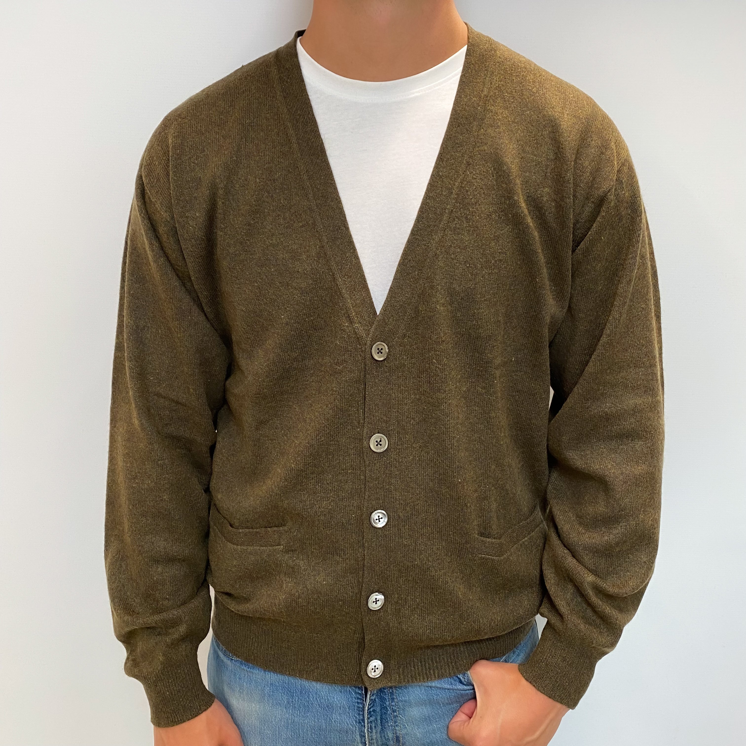 Men's Moss Green Marl Cashmere V Neck Cardigan with Pockets XL