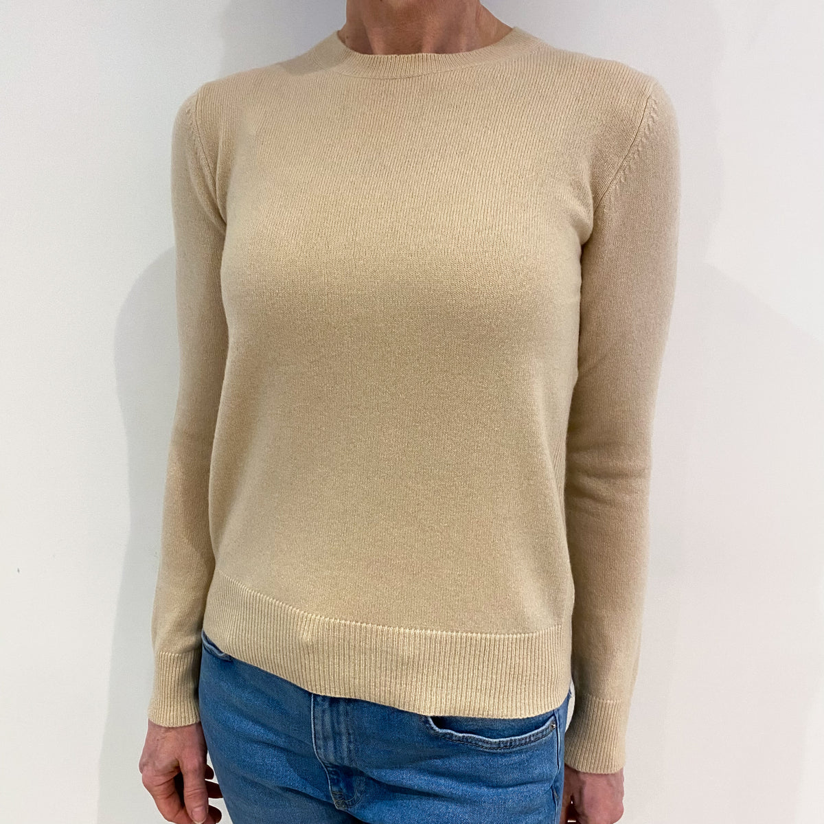 Sand Beige Cashmere Crew Neck Jumper with Petite Rib Detail on Sides Small