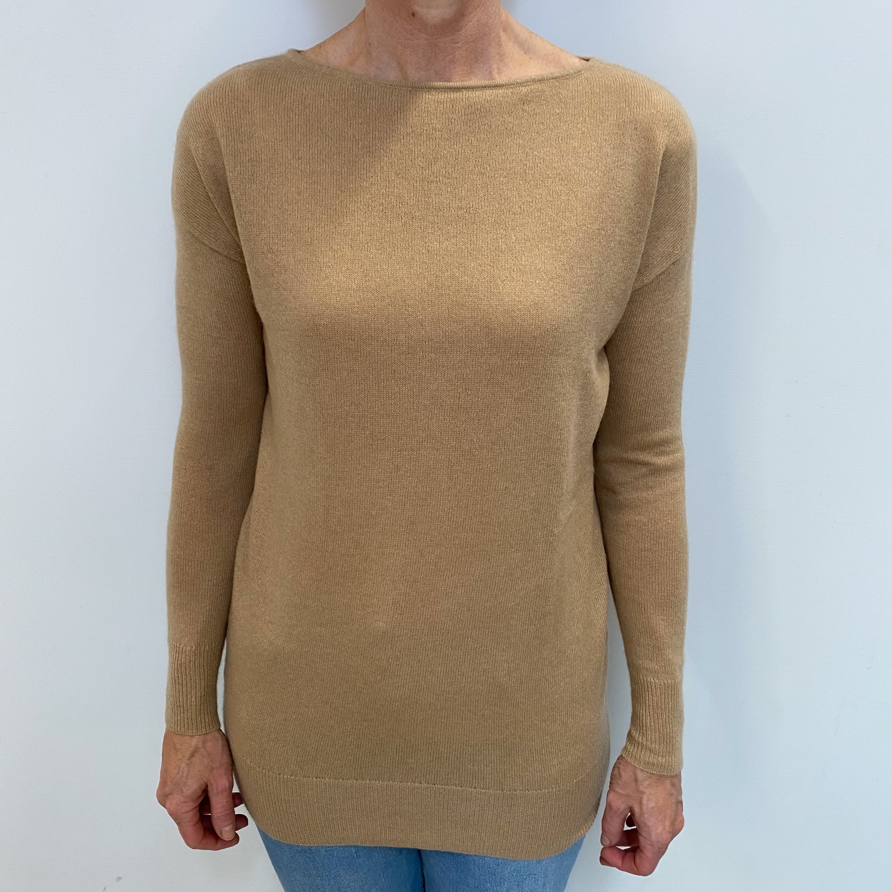 Camel Brown Cashmere Slash Neck Jumper Small