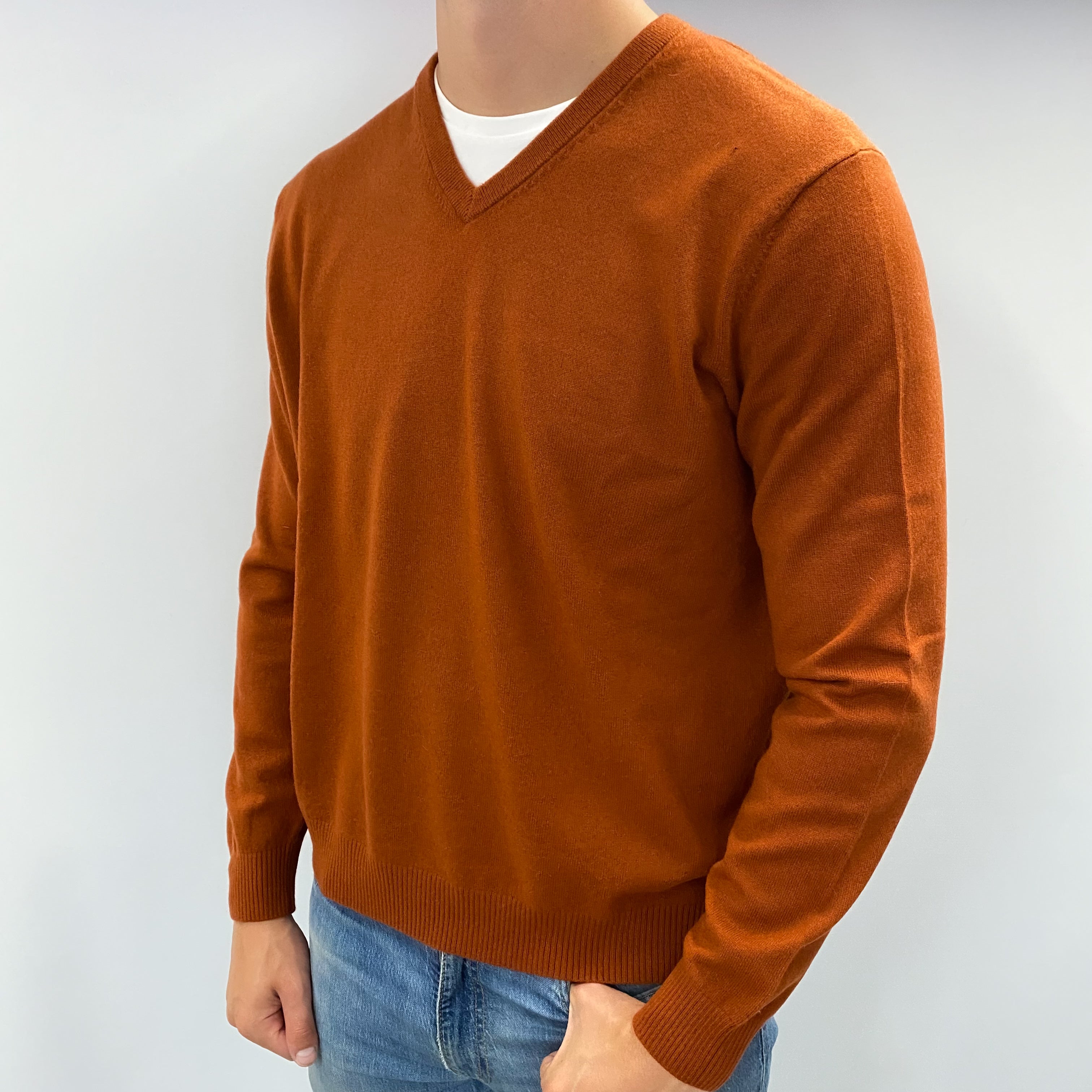 Men's Pumpkin Orange Cashmere V Neck Jumper XL