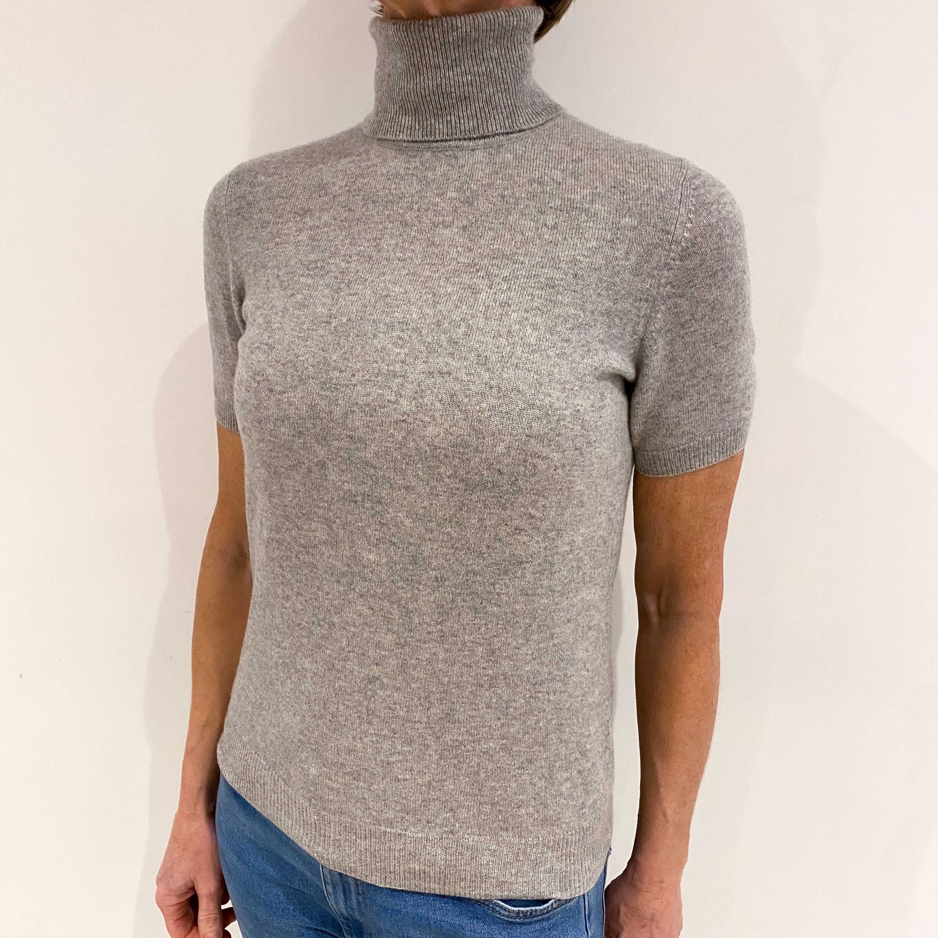 Smoke Grey Cashmere Short Sleeved Polo Neck Jumper Small