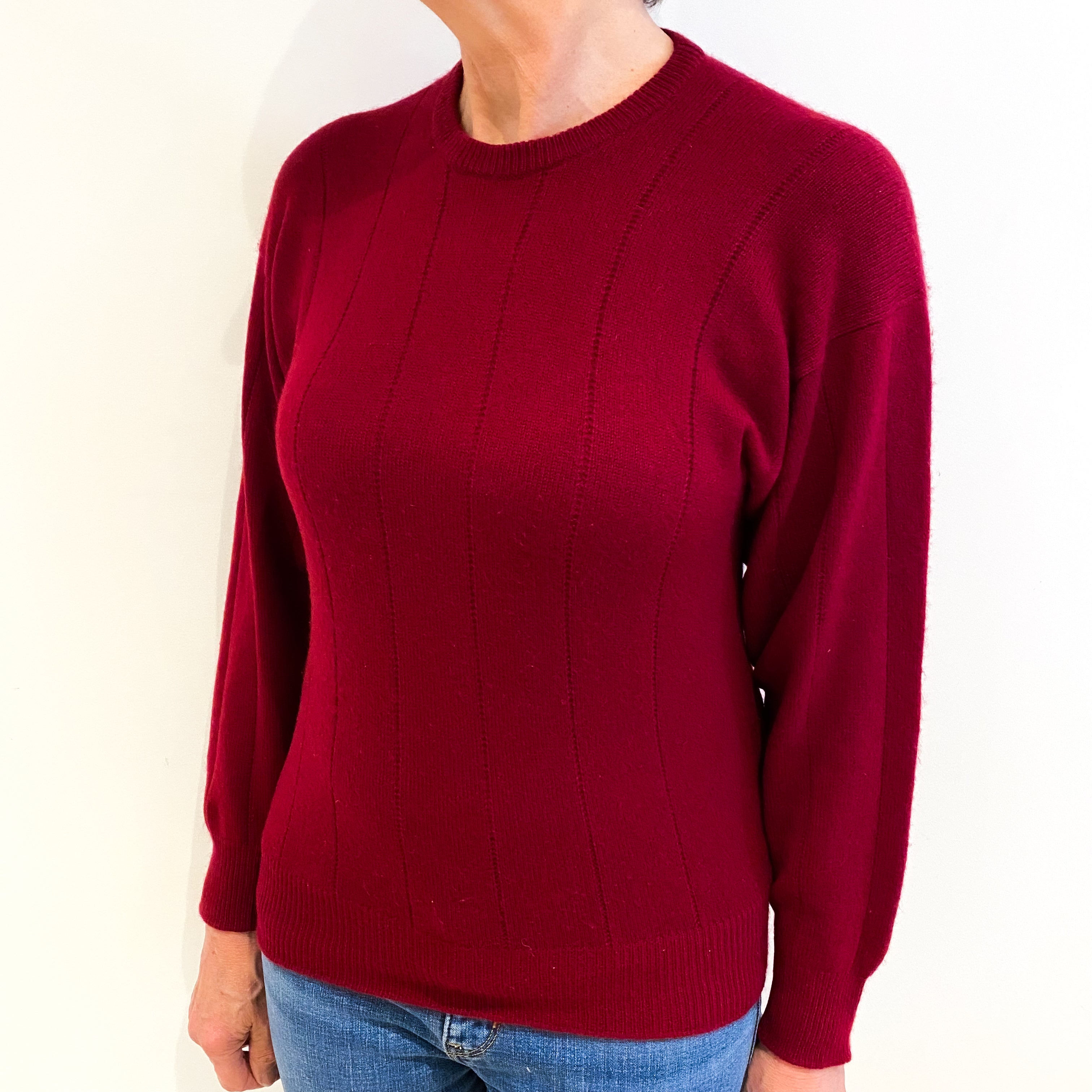 Scottish Burgundy Red Cashmere Crew Neck Stripe Knit Jumper Medium