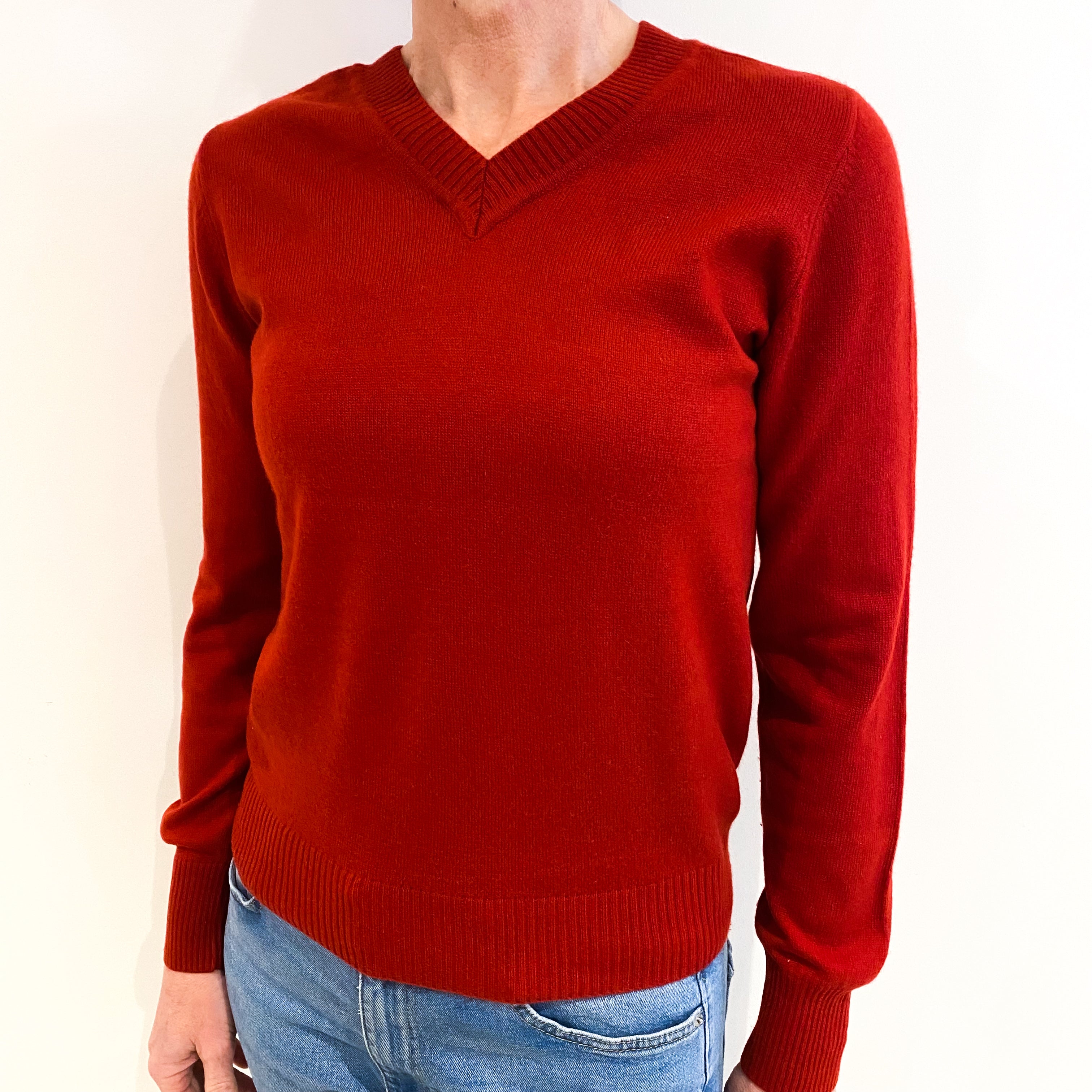 Crimson Red Cashmere V Neck Jumper Small