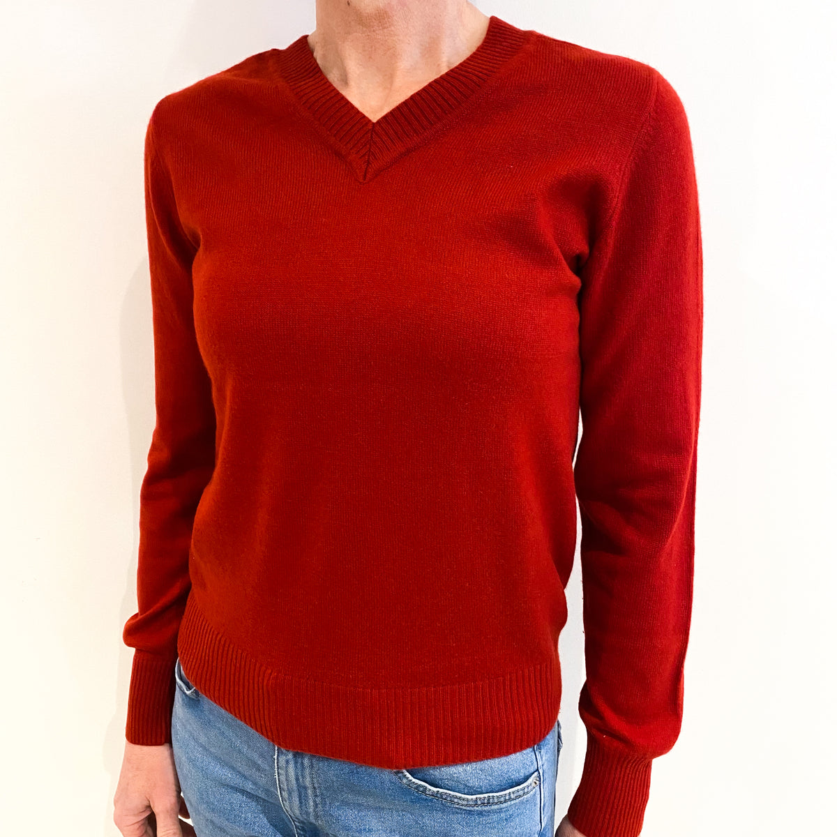 Crimson Red Cashmere V Neck Jumper Small