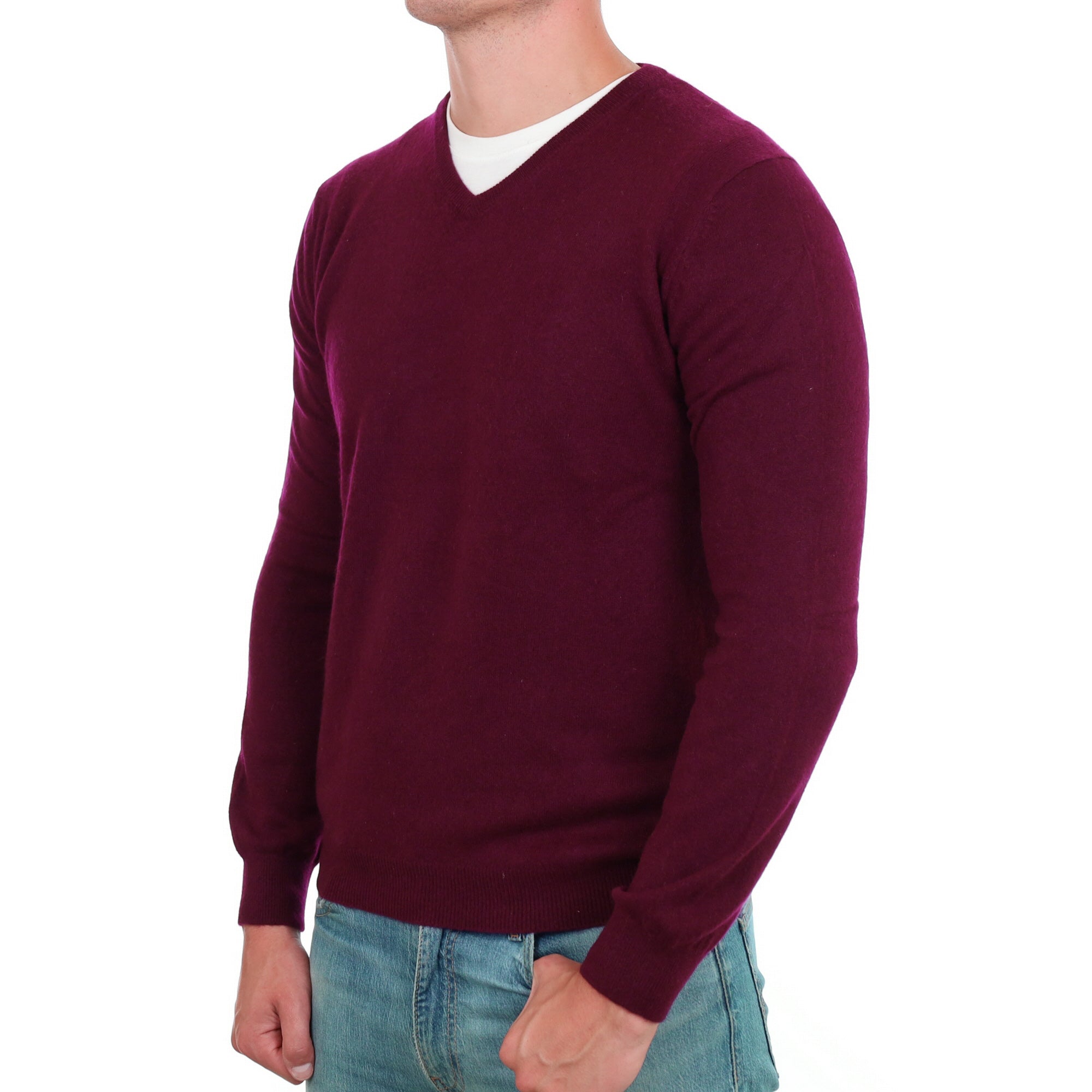 Men's Mulberry Purple Cashmere V Neck Jumper XL
