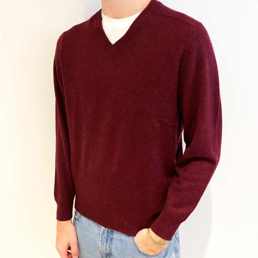 Men's Burgundy Red Cashmere V Neck Jumper Large
