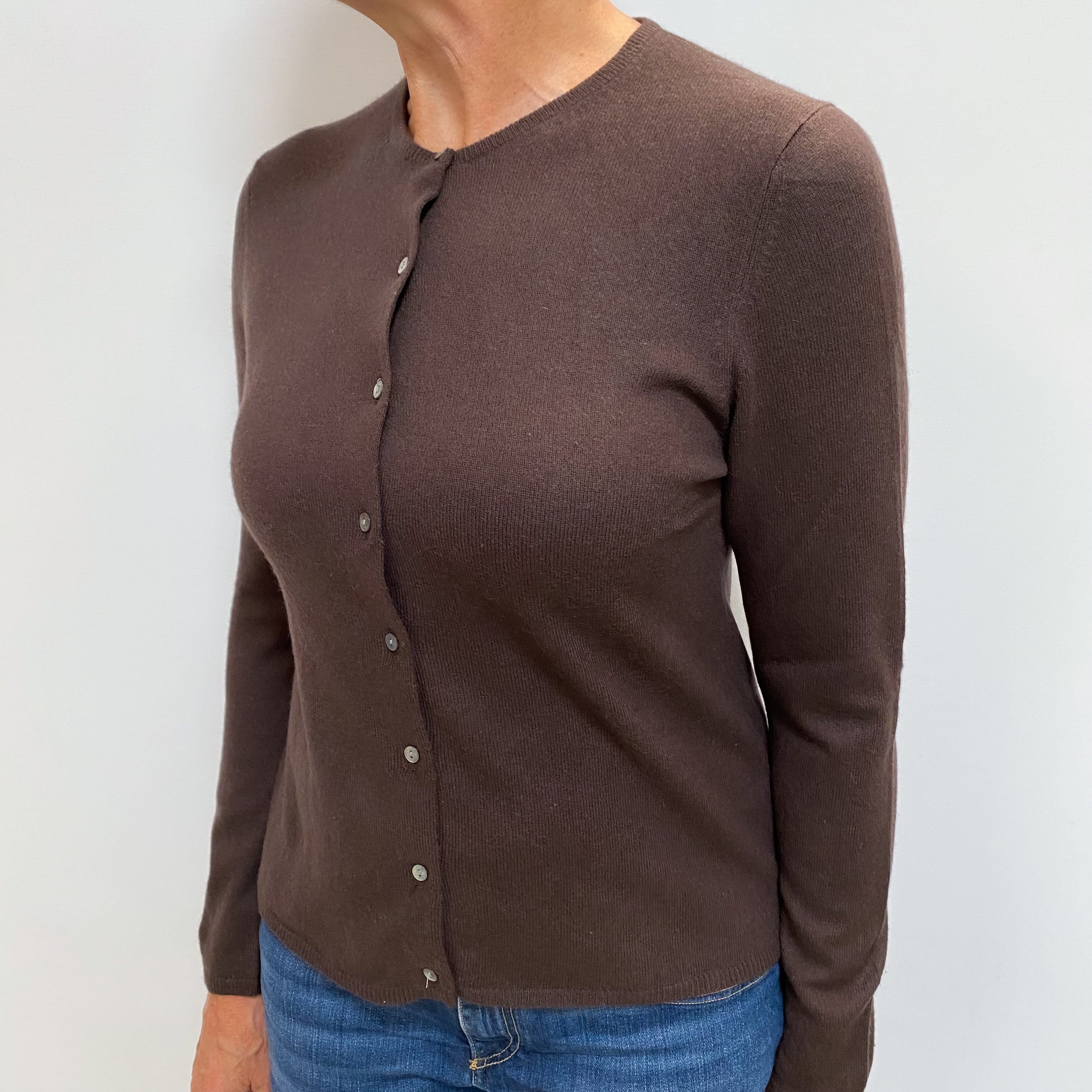 Dark Chocolate Brown Cashmere Crew Cardigan Medium