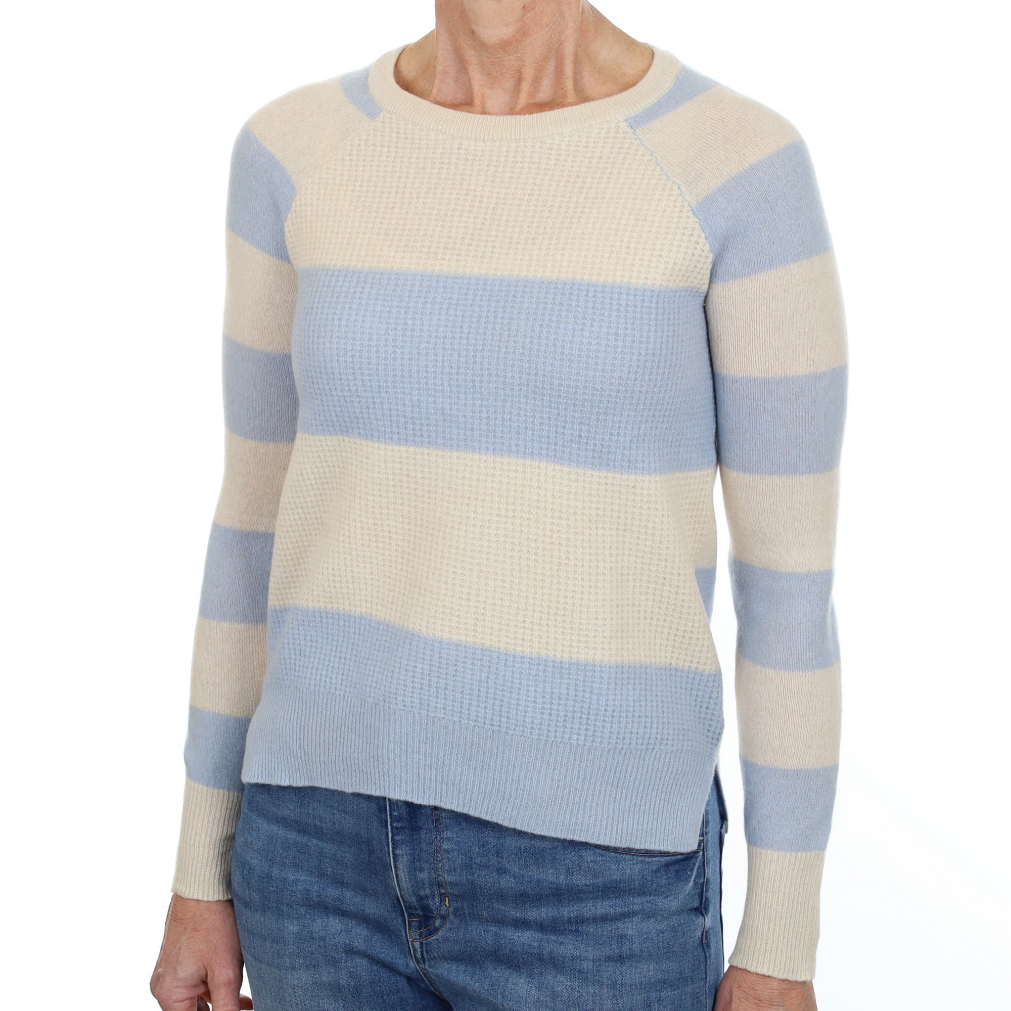Sky Blue Striped Cashmere Crew Neck Waffle Knit Jumper Small