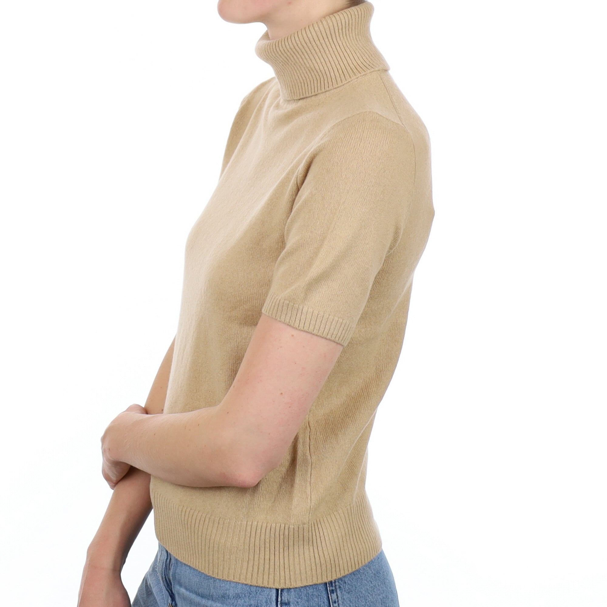 Caramel Brown Cashmere Short Sleeve Polo Neck Jumper Small