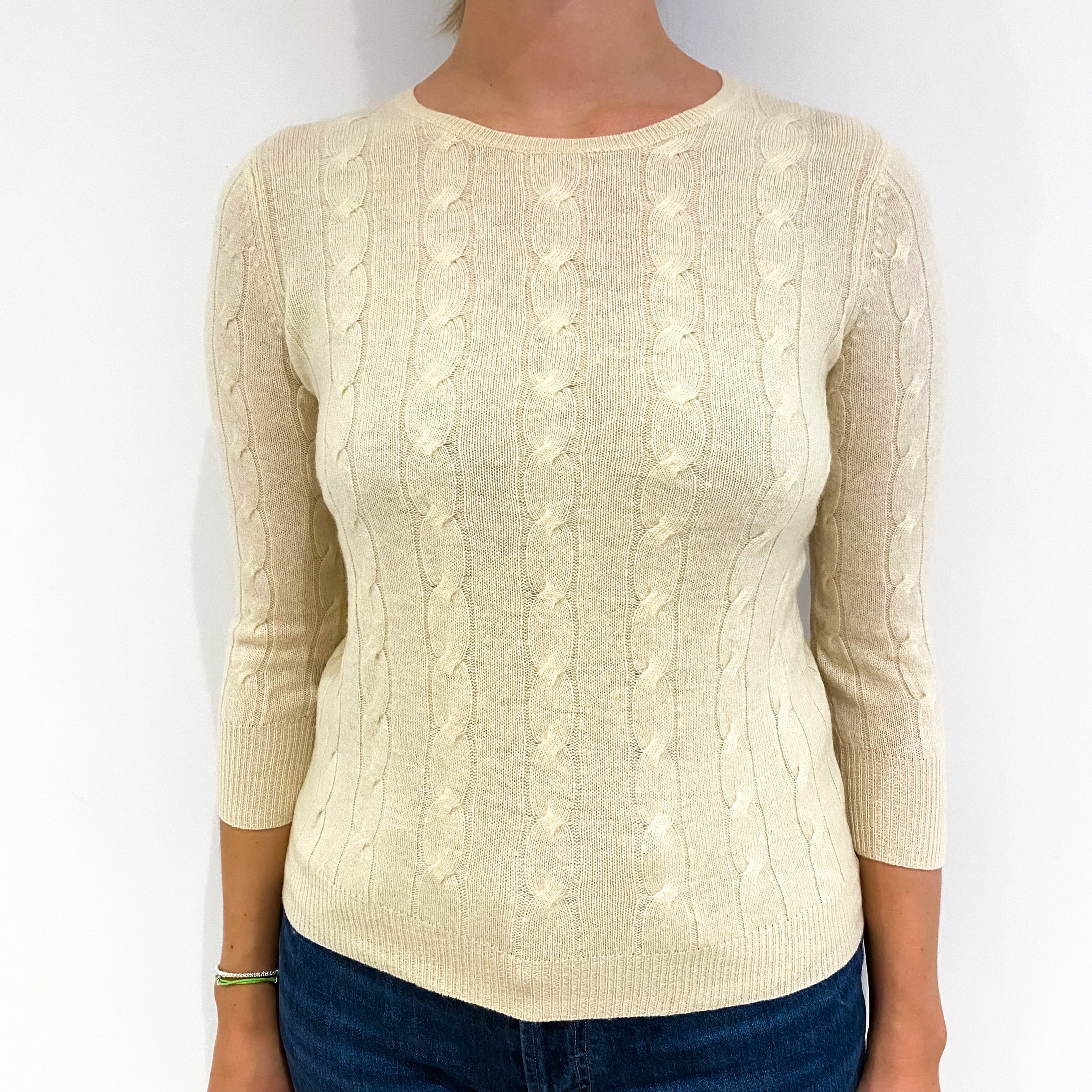 Primrose Yellow Cable Cashmere Crew Neck Jumper Small