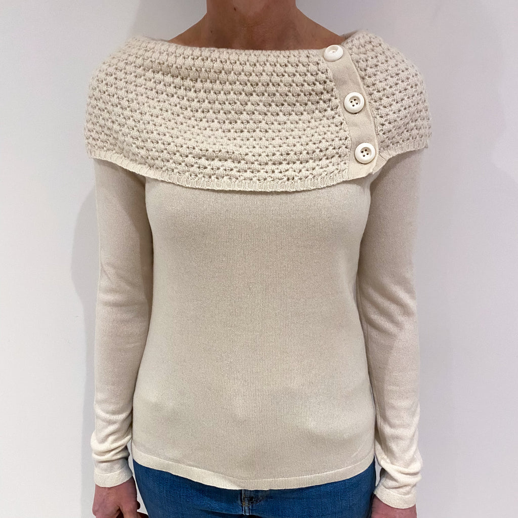 Ivory Textured Collar Cashmere Off Shoulder Jumper Small