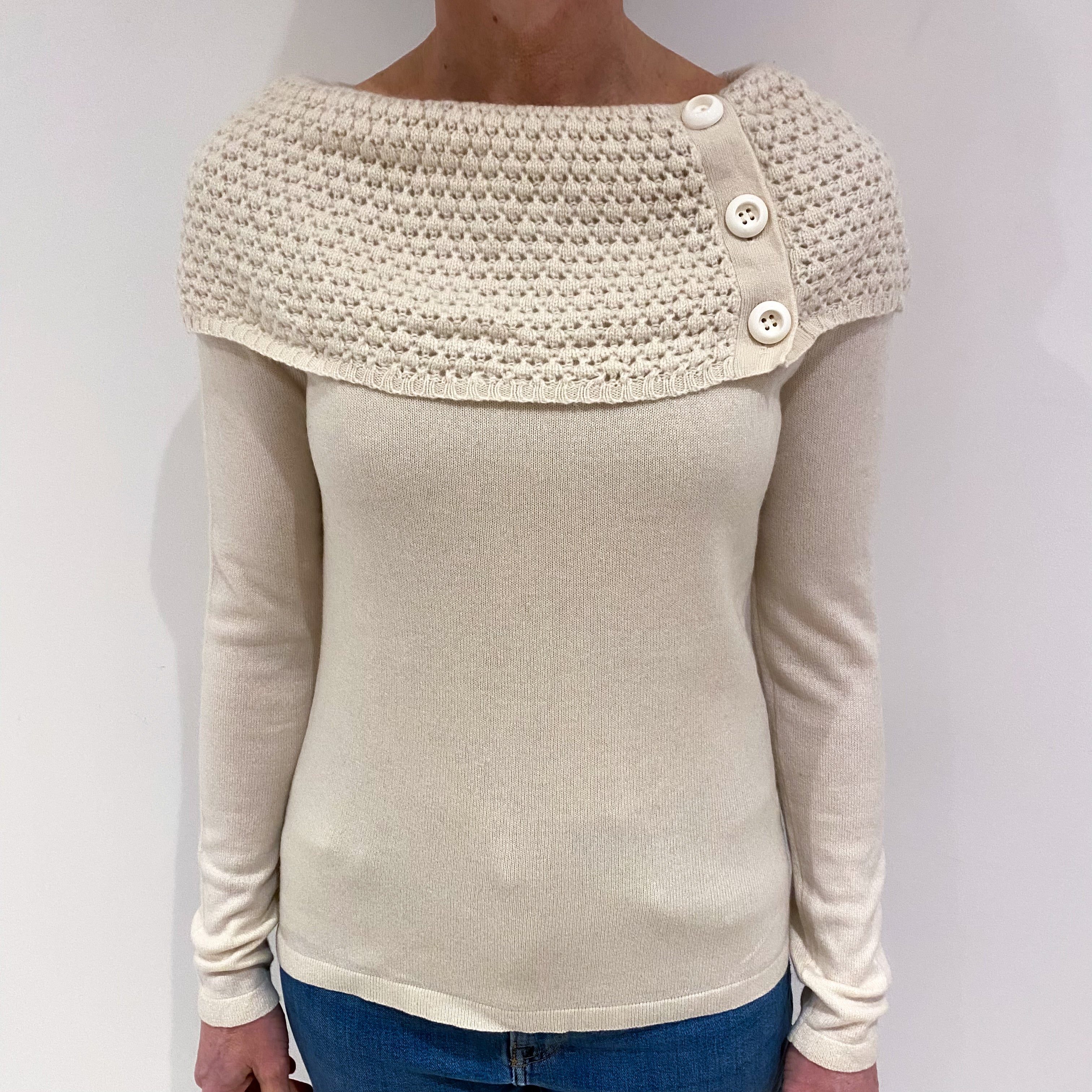 Ivory Textured Collar Cashmere Off Shoulder Jumper Small