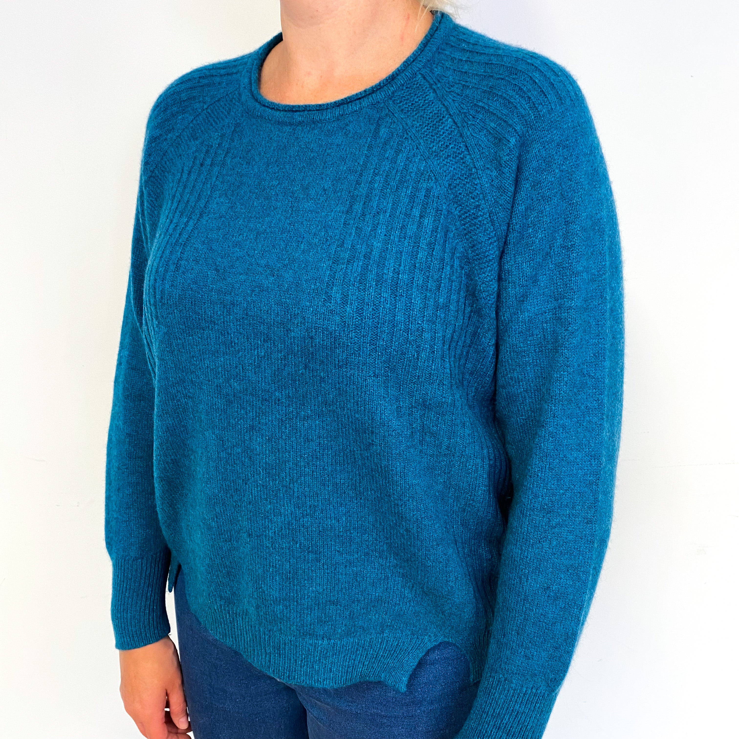 Teal Blue Chunky Cashmere Crew Neck Jumper Large