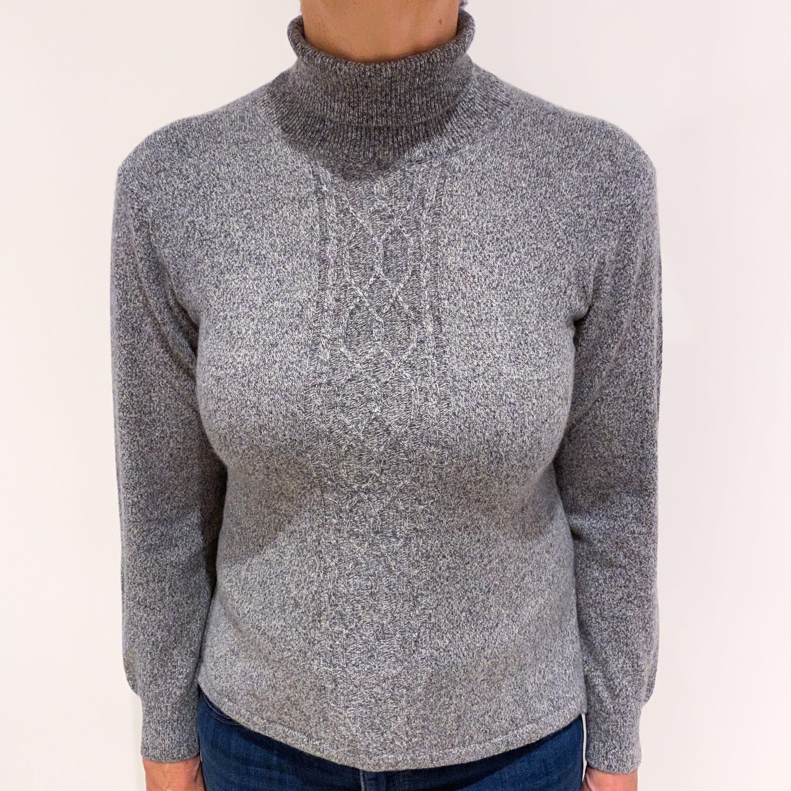 Smoke Grey Side Slit Cable Front Cashmere Polo Neck Jumper Medium