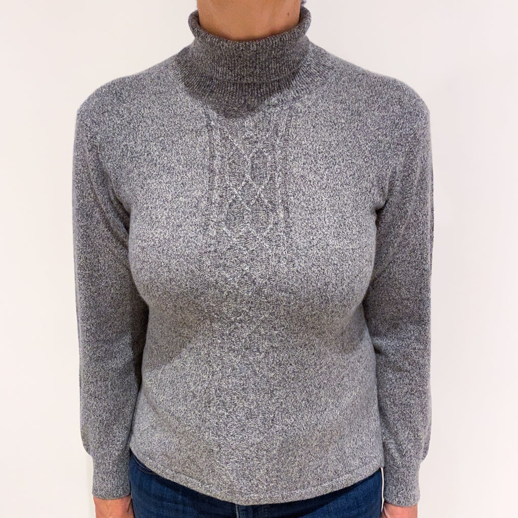 Smoke Grey Side Slit Cable Front Cashmere Polo Neck Jumper Medium