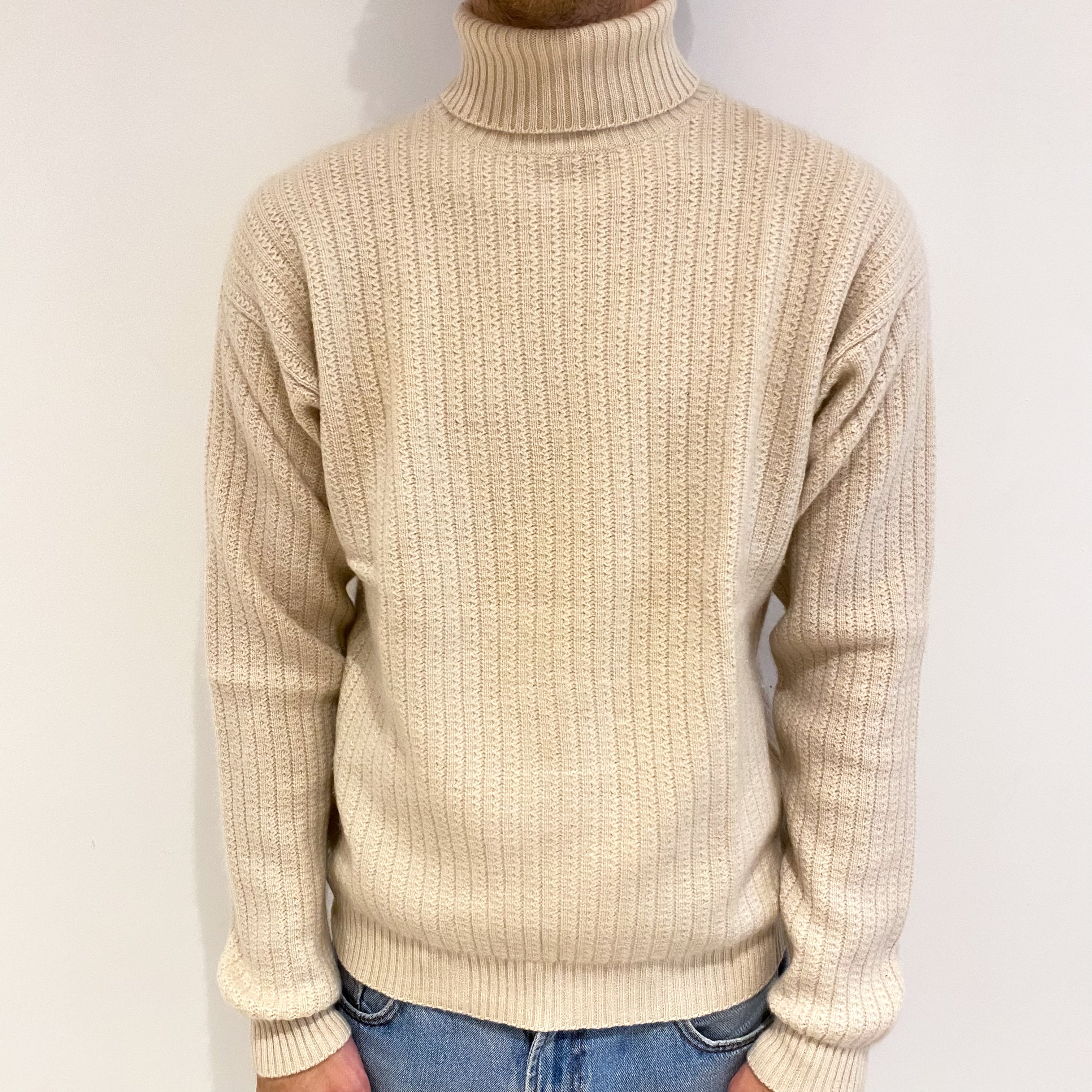 Men's Sand Cream Cashmere Polo Neck Jumper Large
