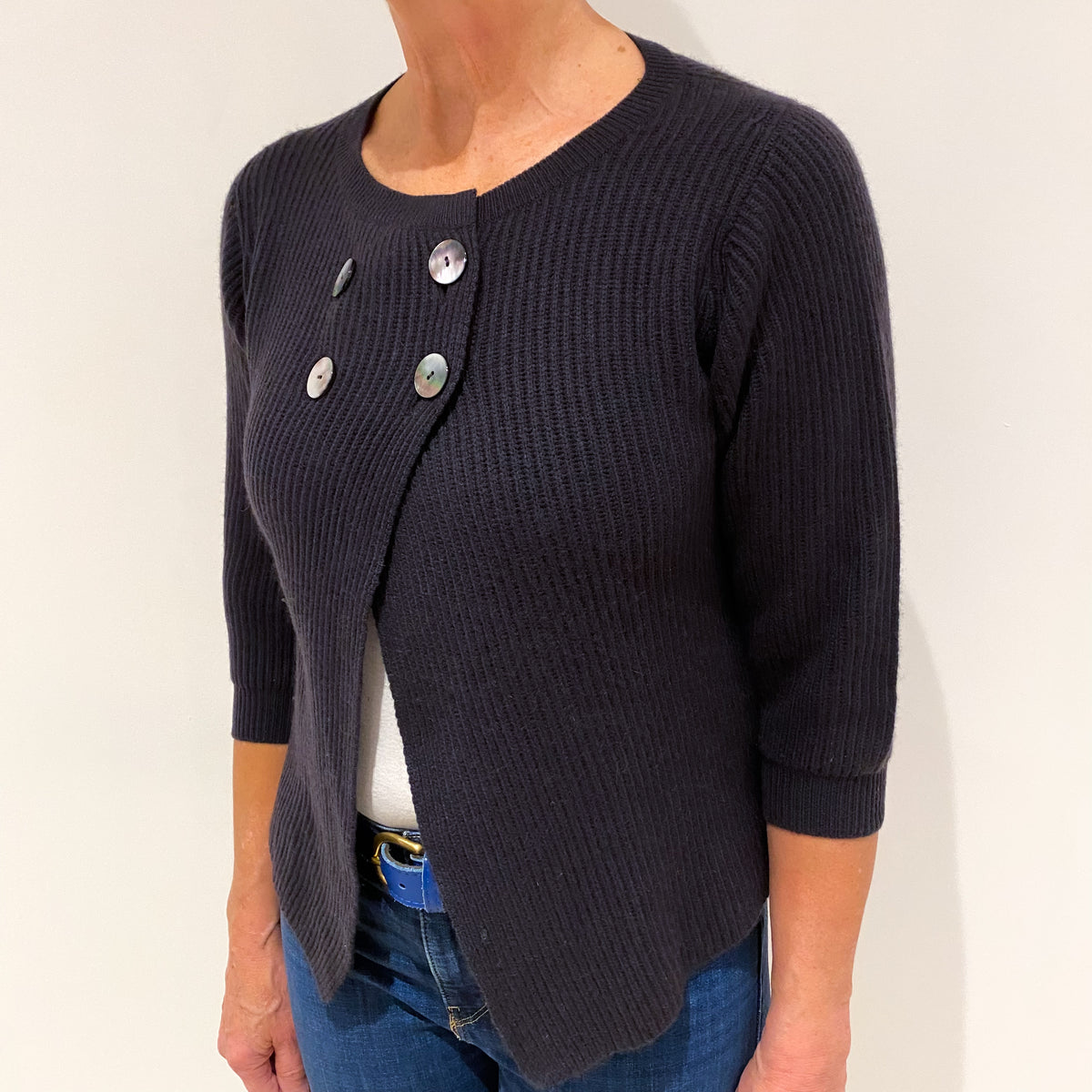 Dark Grey Rib Cashmere Crew Neck Cardigan Medium