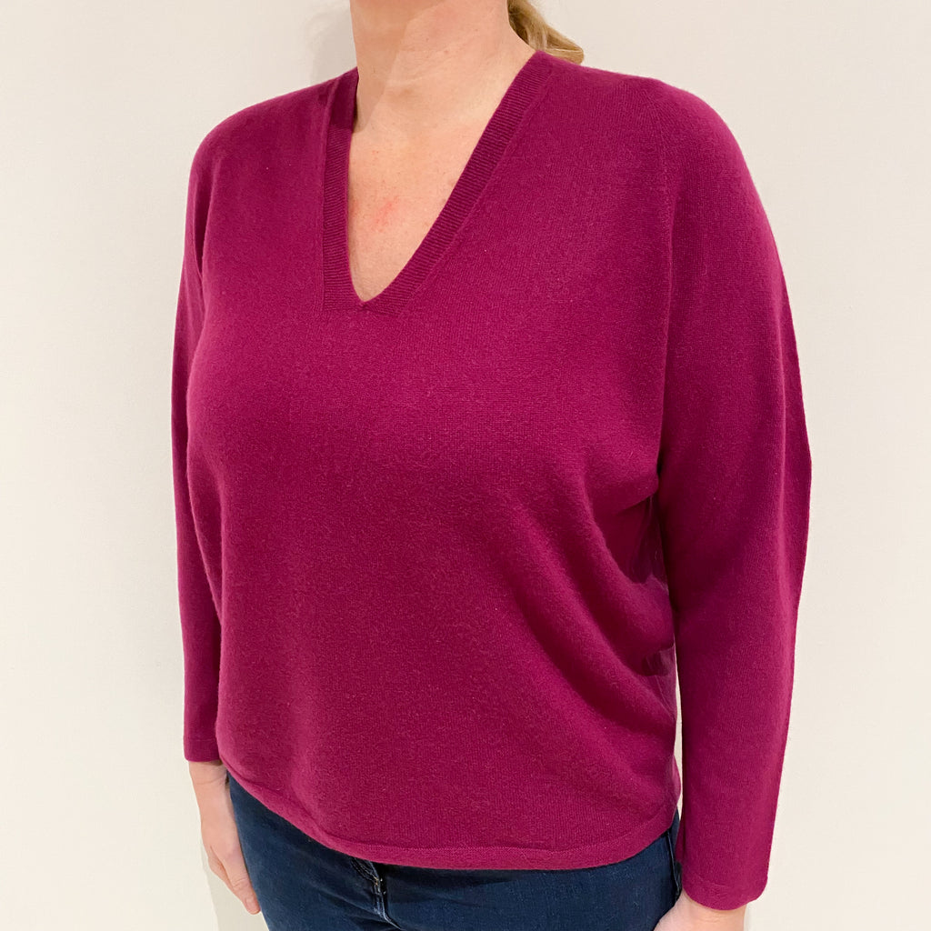 Deep Magenta Pink Slouchy Cashmere V-Neck Jumper Large