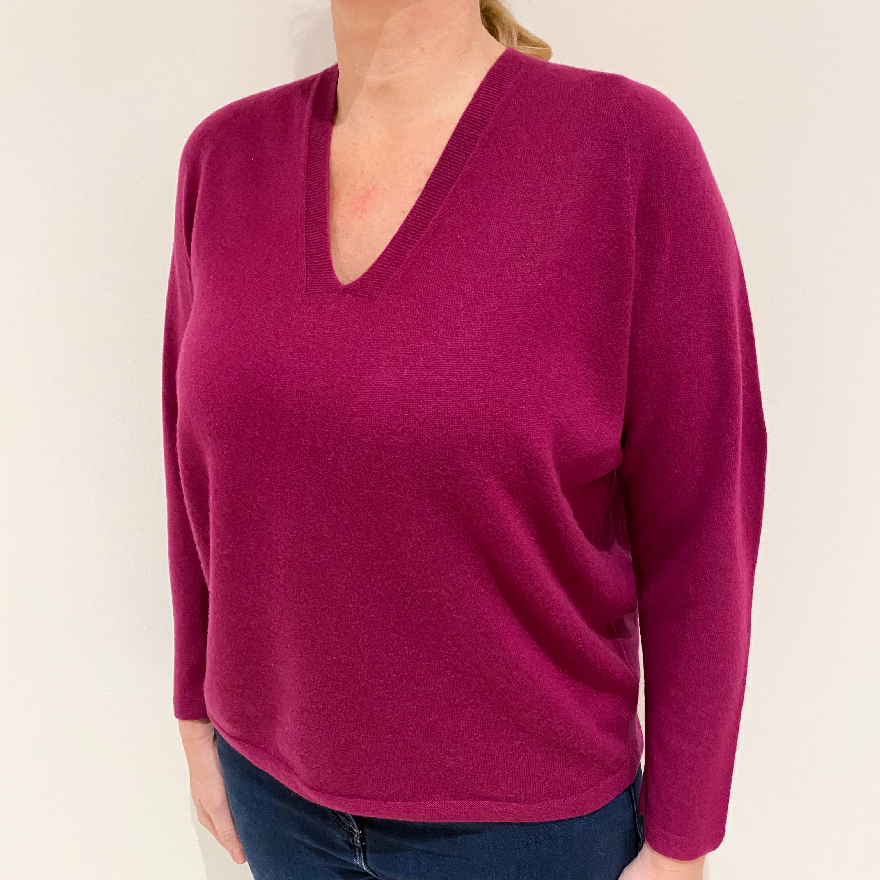Deep Magenta Pink Slouchy Cashmere V-Neck Jumper Large