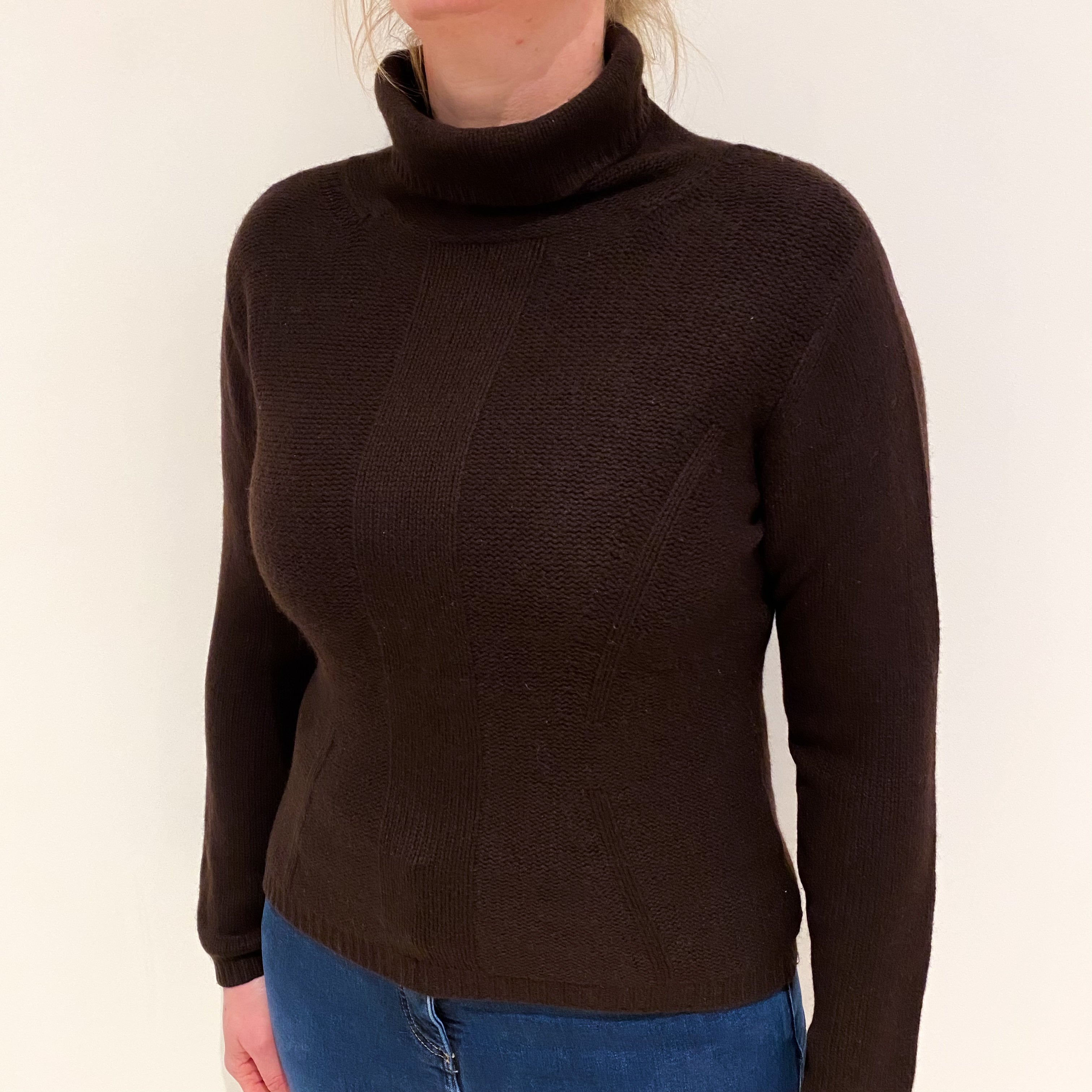 Dark Chocolate Brown Cashmere Funnel Neck Jumper Large