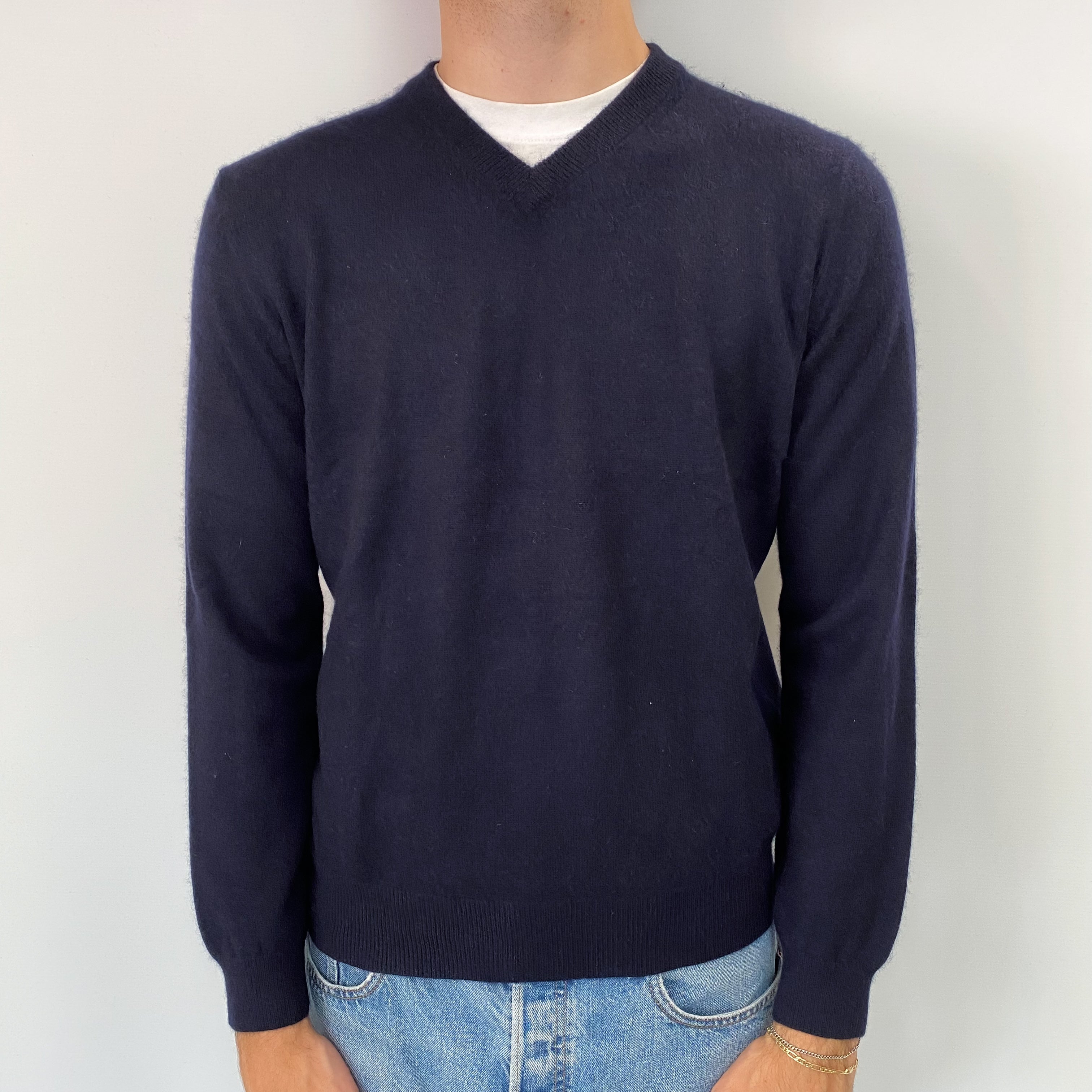 Men's Navy Cashmere V Neck Jumper Medium