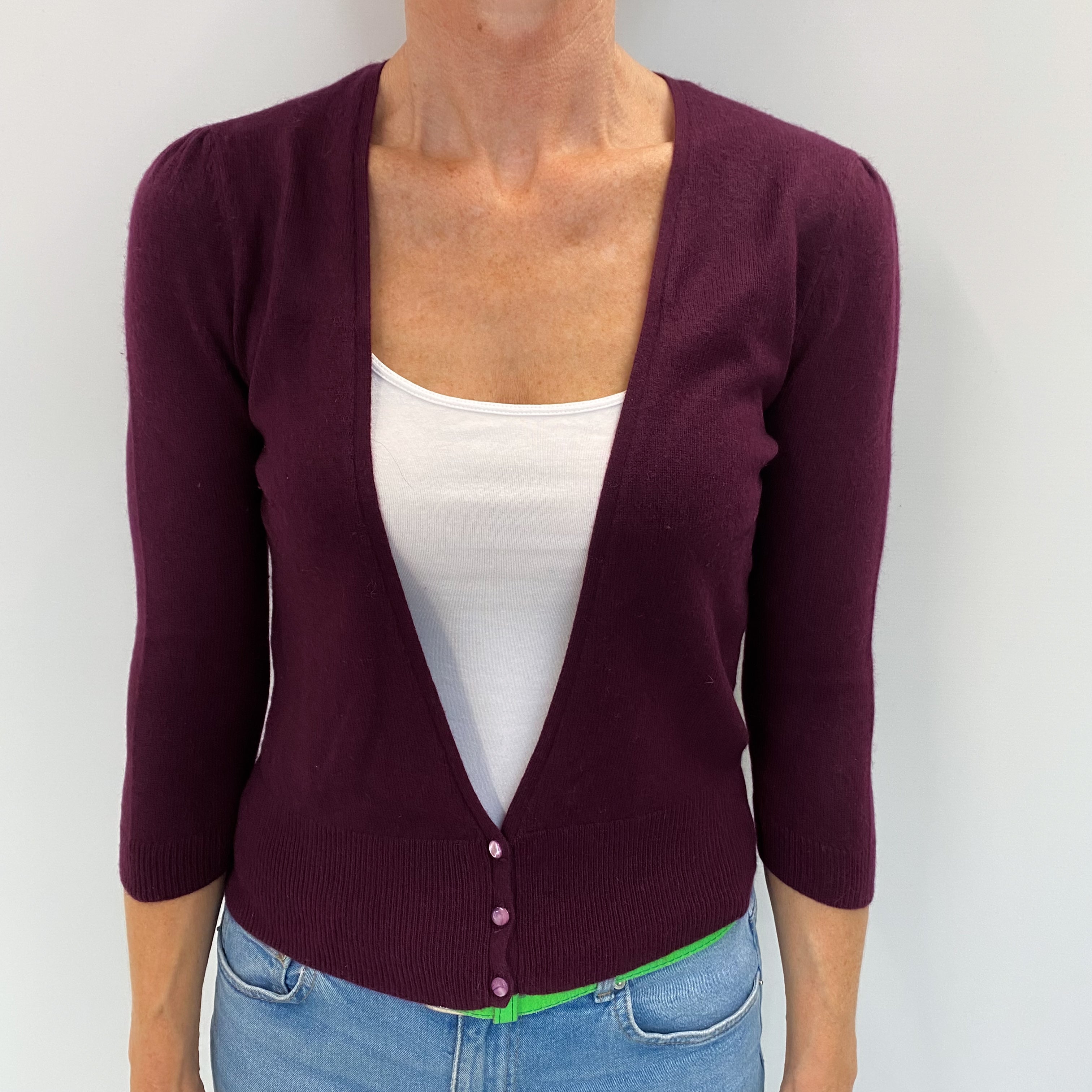 Aubergine Purple Cashmere V Neck Cardigan Small