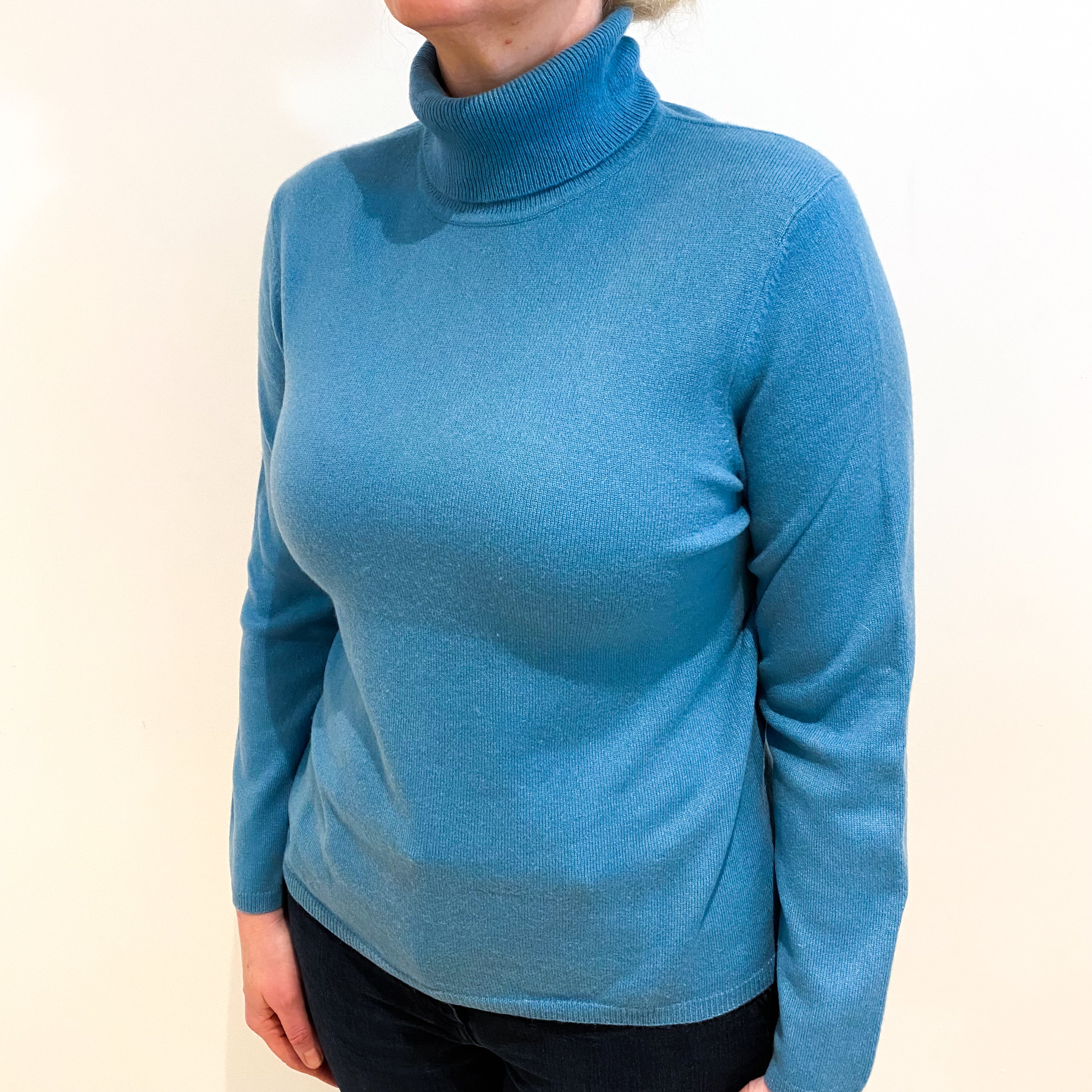 Dusky Aqua Blue Cashmere Polo Neck Jumper Large