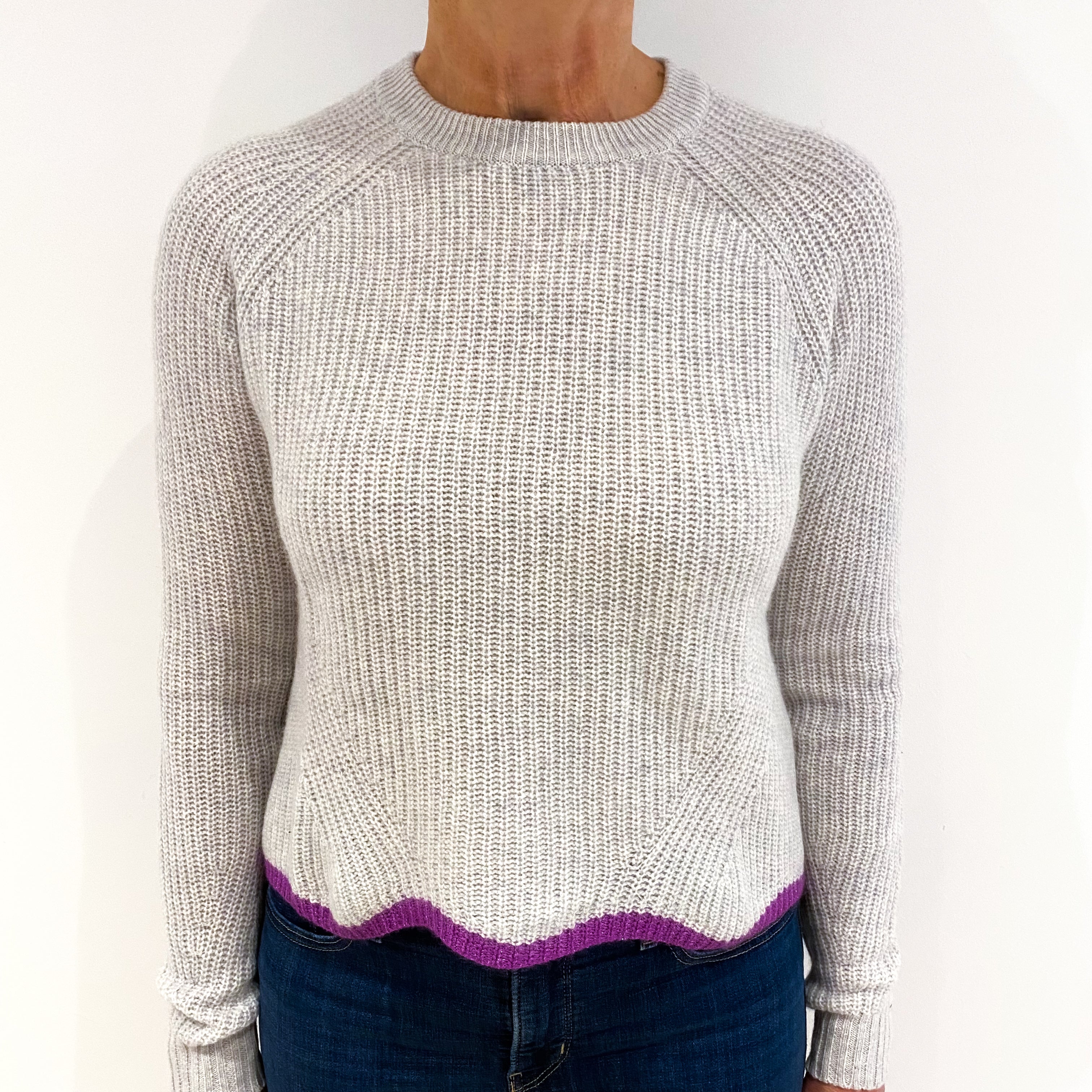 Mist Grey Purple Trim Cashmere Crew Neck Jumper Medium