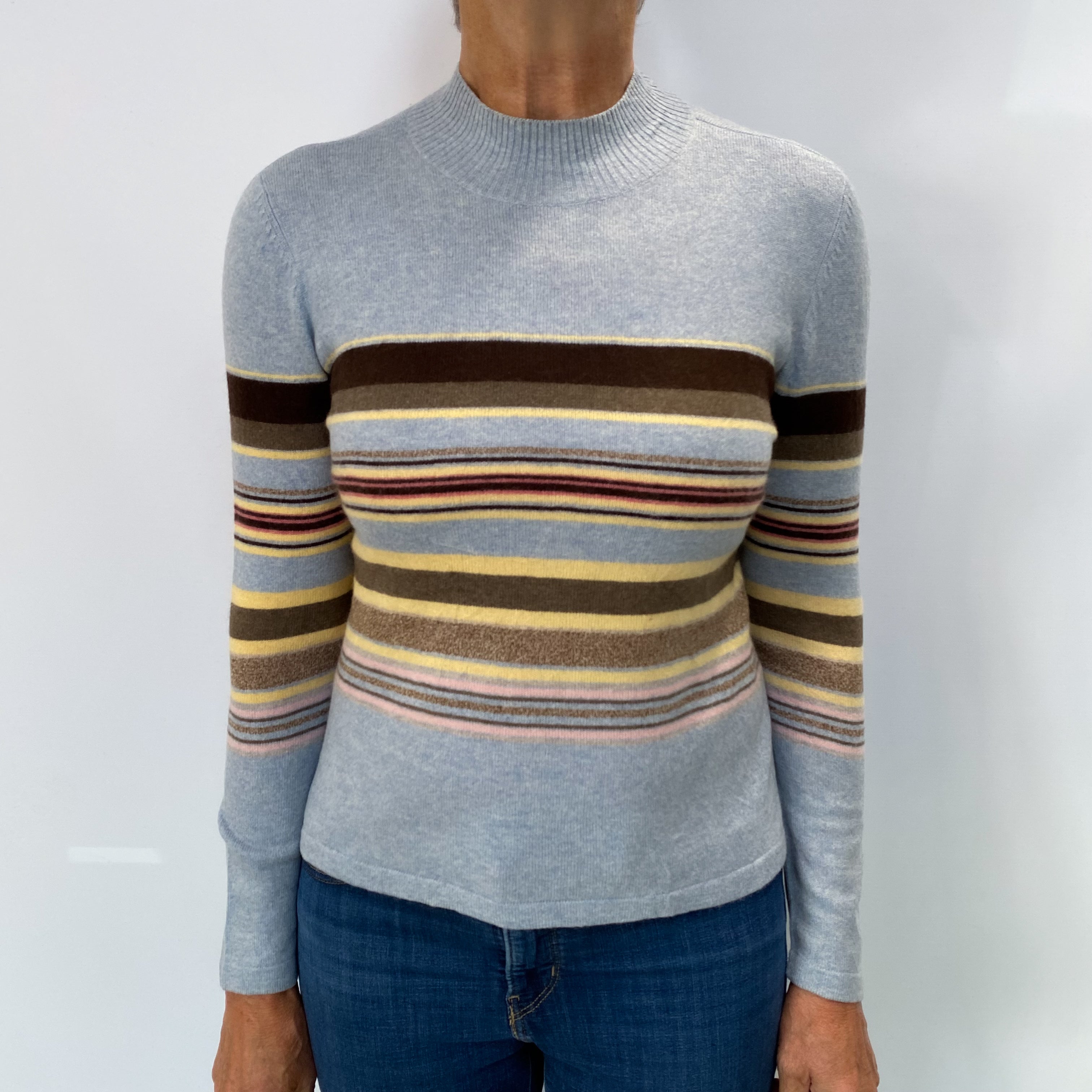 Blue Striped Cashmere Polo Neck Jumper Medium