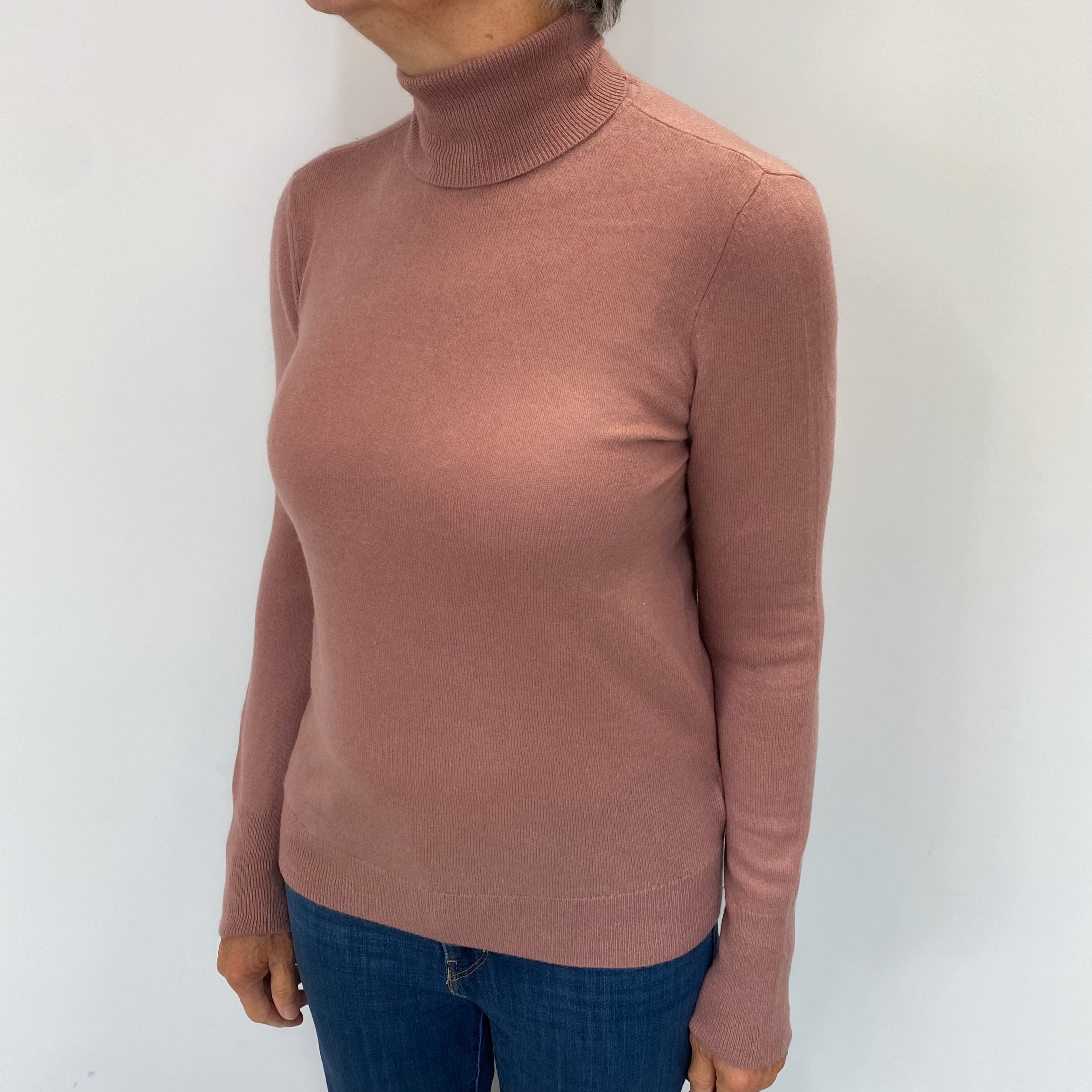 Dusky Rose Pink Cashmere Polo Neck Jumper Medium